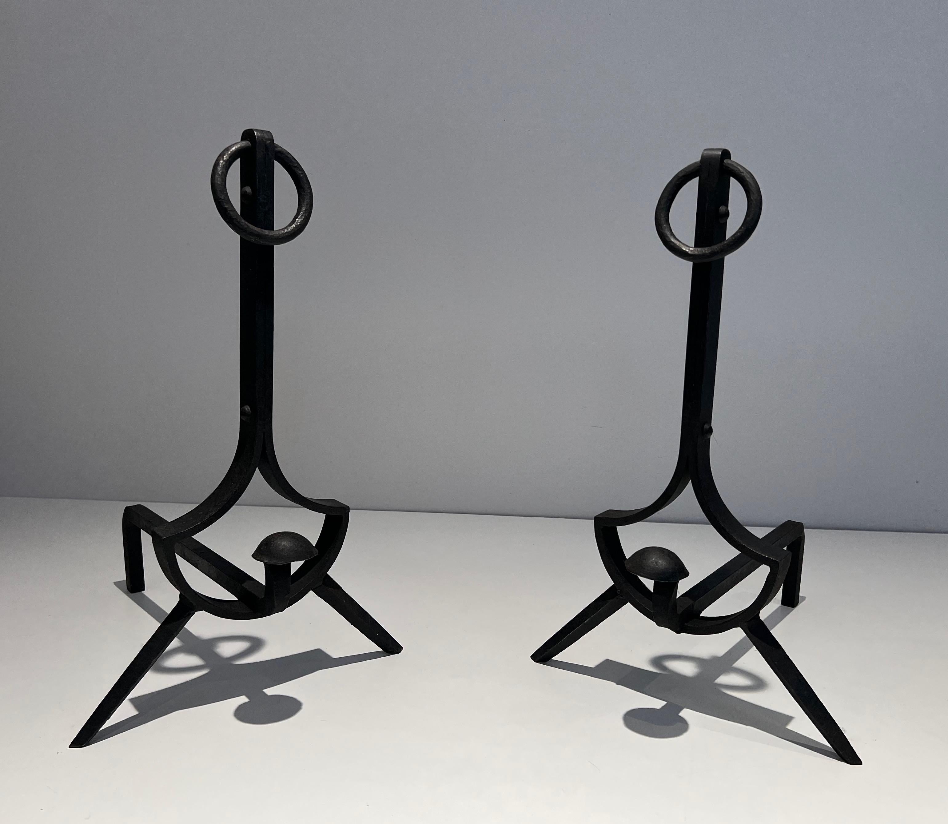Mid-Century Modern Pair of Modernist Cast Iron and Wrought Iron Andirons For Sale
