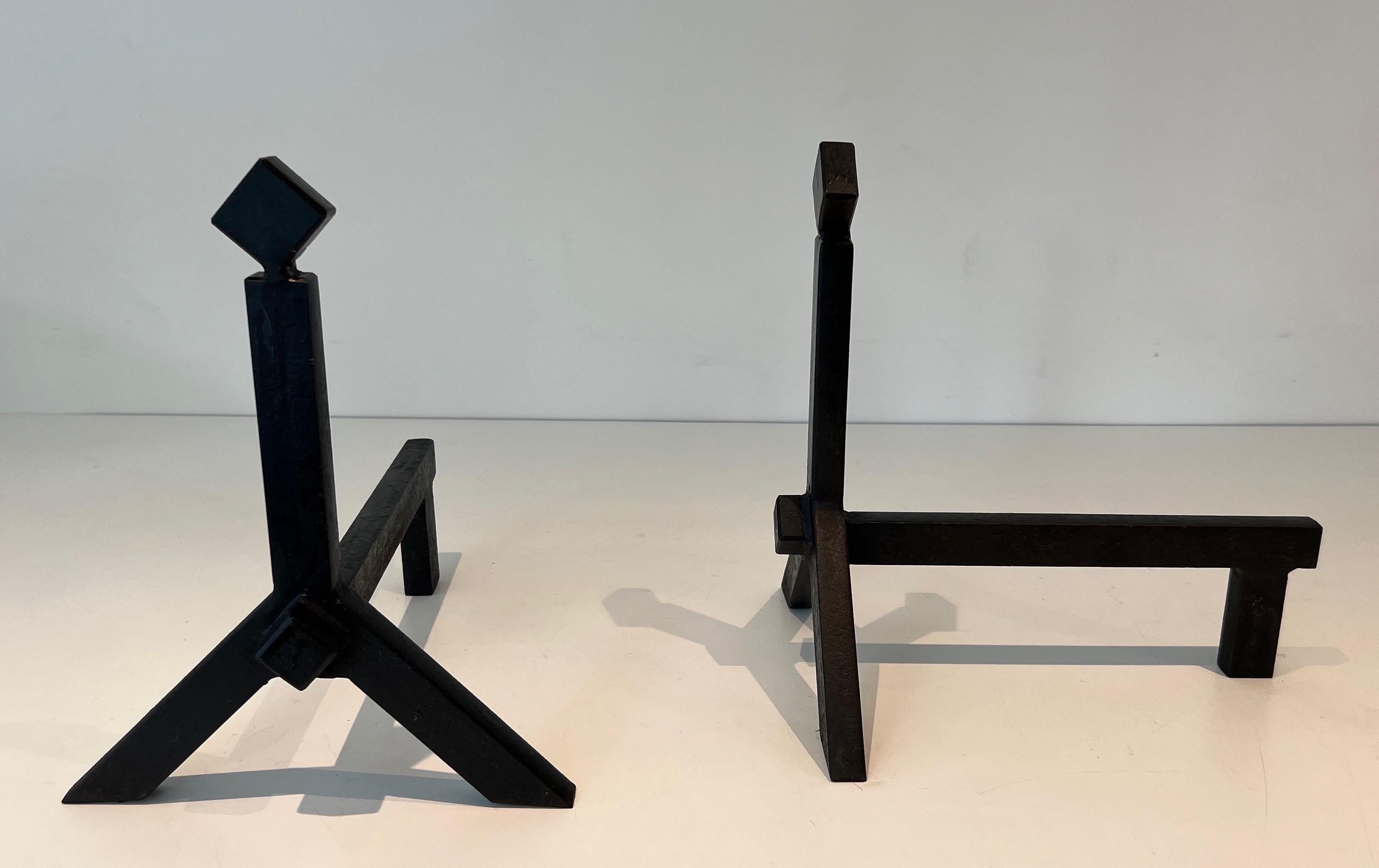 Mid-Century Modern Pair of Modernist Cast Iron and Wrought Iron Andirons For Sale