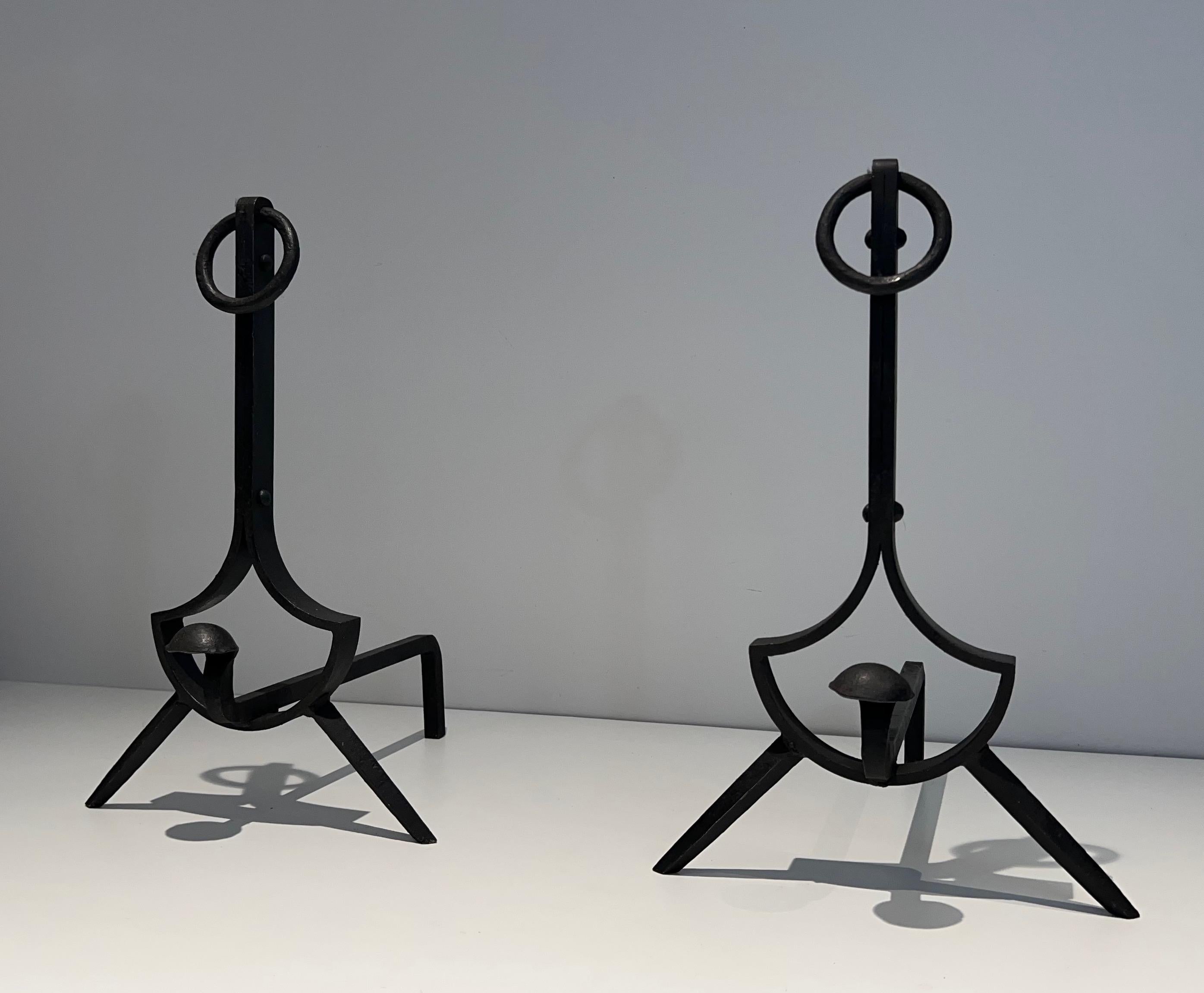 French Pair of Modernist Cast Iron and Wrought Iron Andirons For Sale
