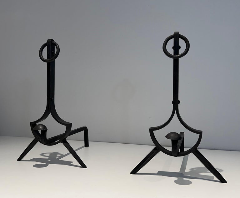 Pair of Modernist Cast Iron and Wrought Iron Andirons For Sale at 1stDibs