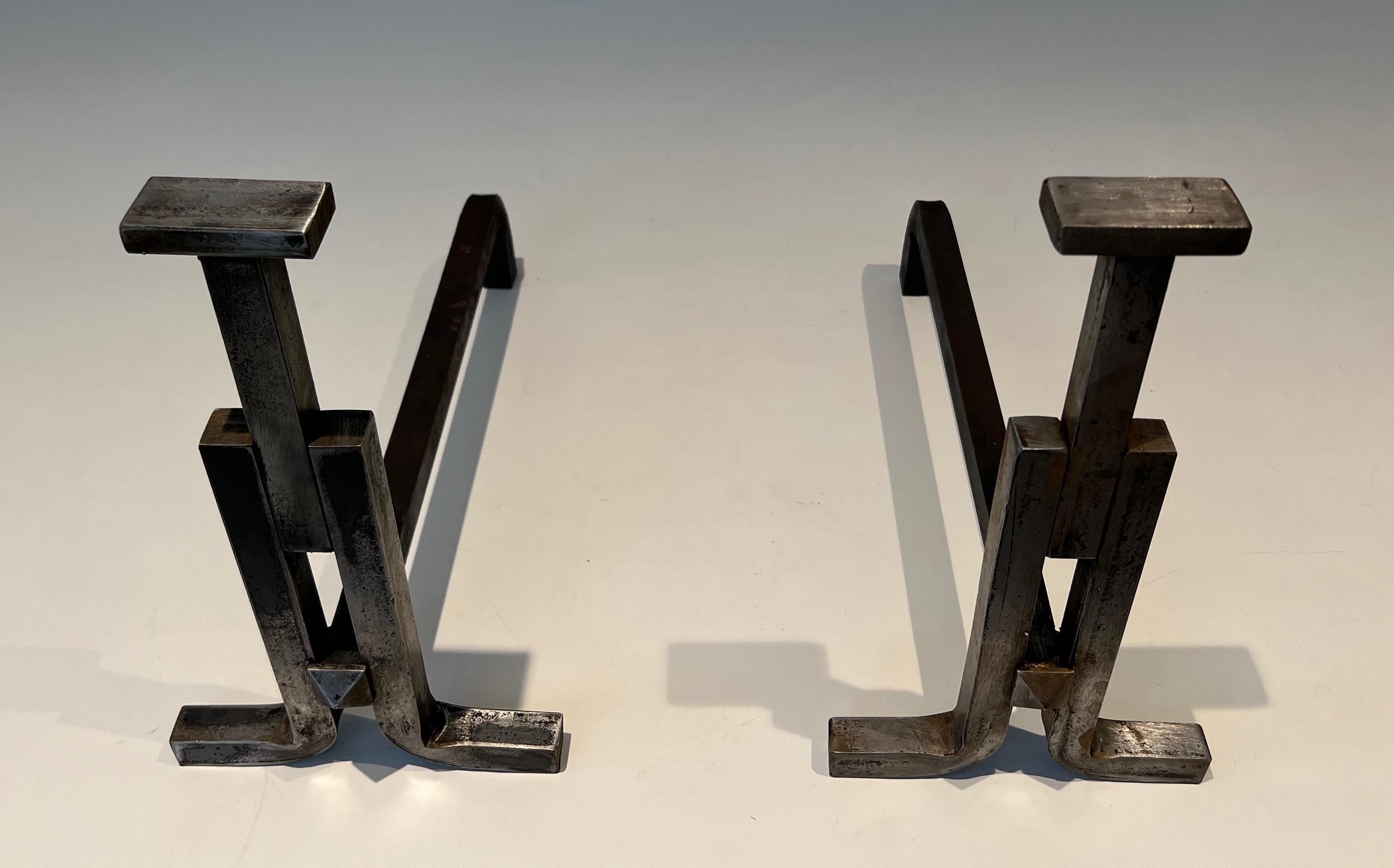 French Pair of Modernist Cast Iron and Wrought Iron Andirons For Sale