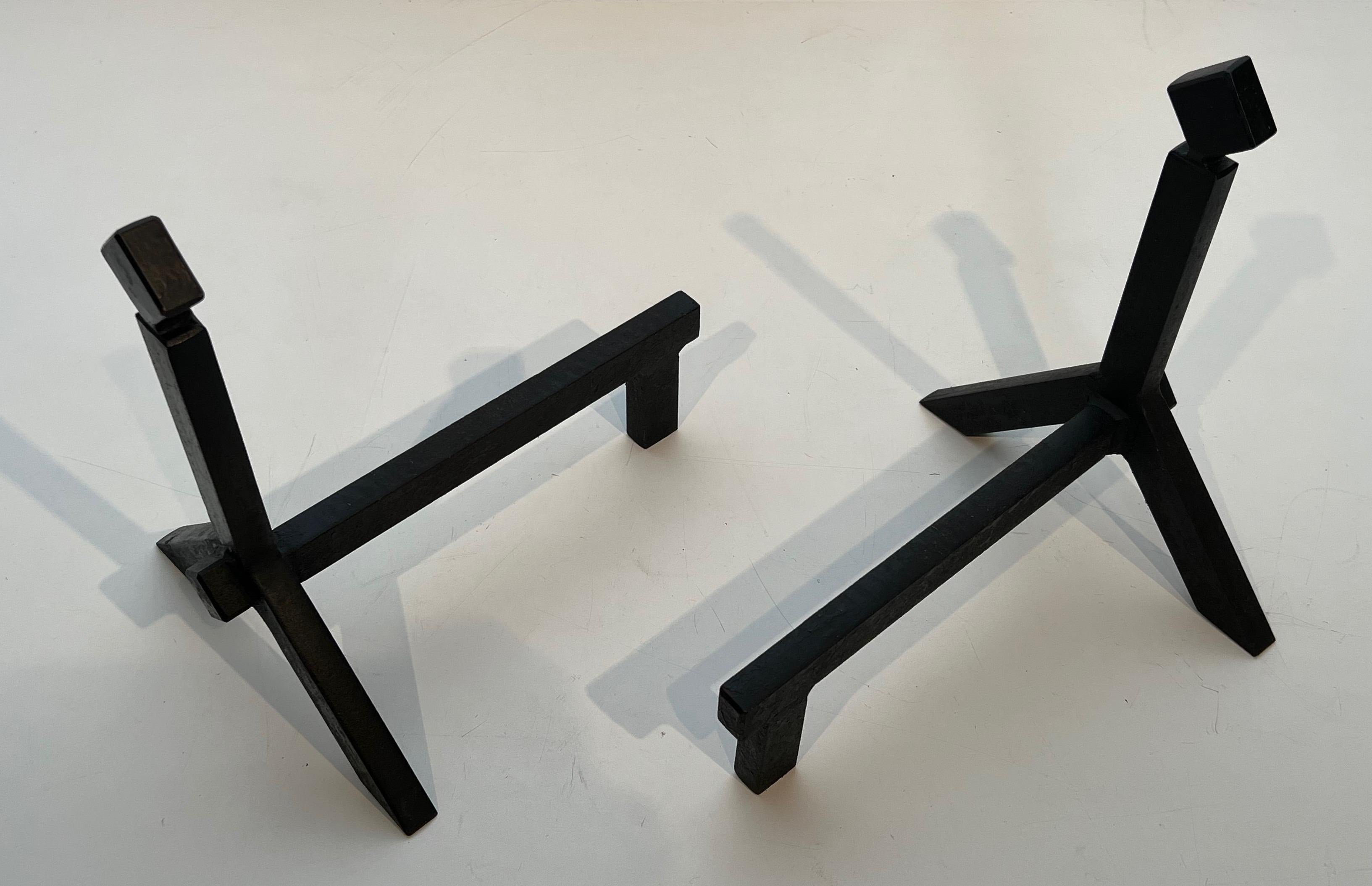 French Pair of Modernist Cast Iron and Wrought Iron Andirons For Sale