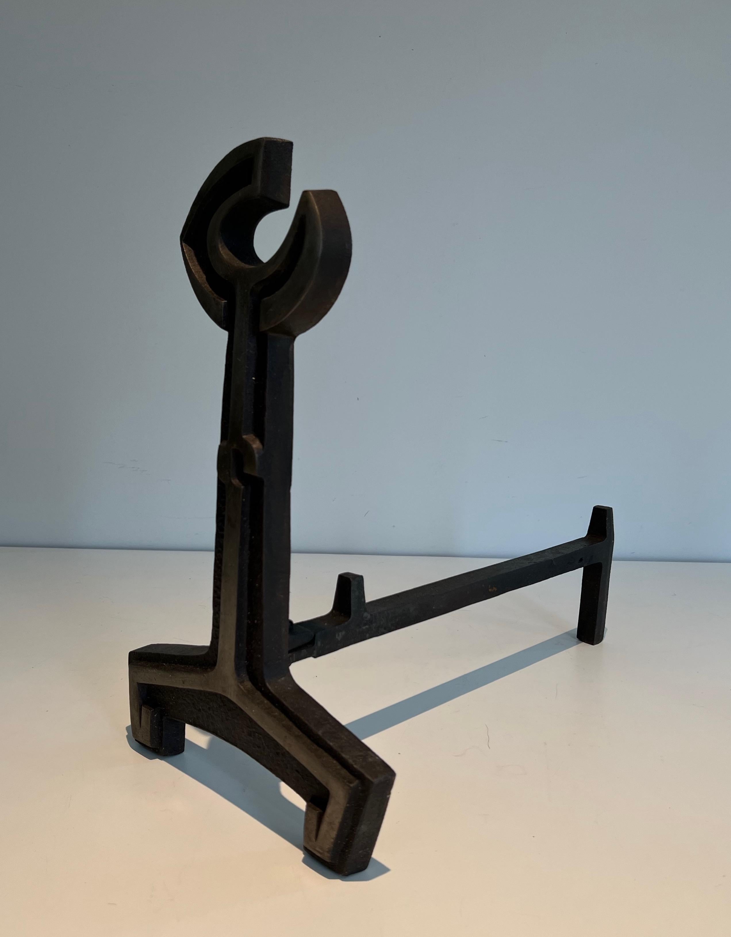 Mid-20th Century Pair of Modernist Cast Iron and Wrought Iron Andirons For Sale