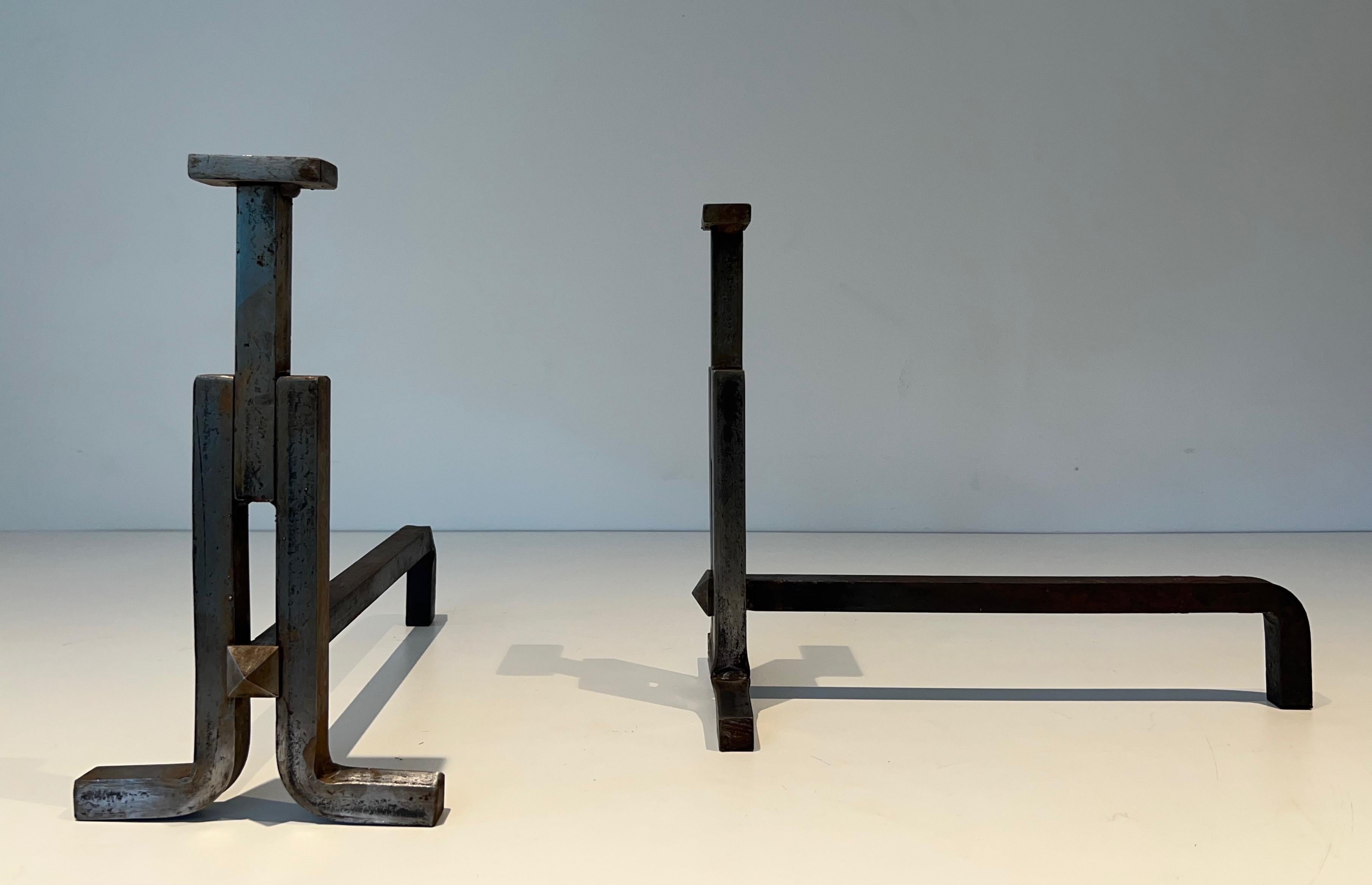 Mid-20th Century Pair of Modernist Cast Iron and Wrought Iron Andirons For Sale
