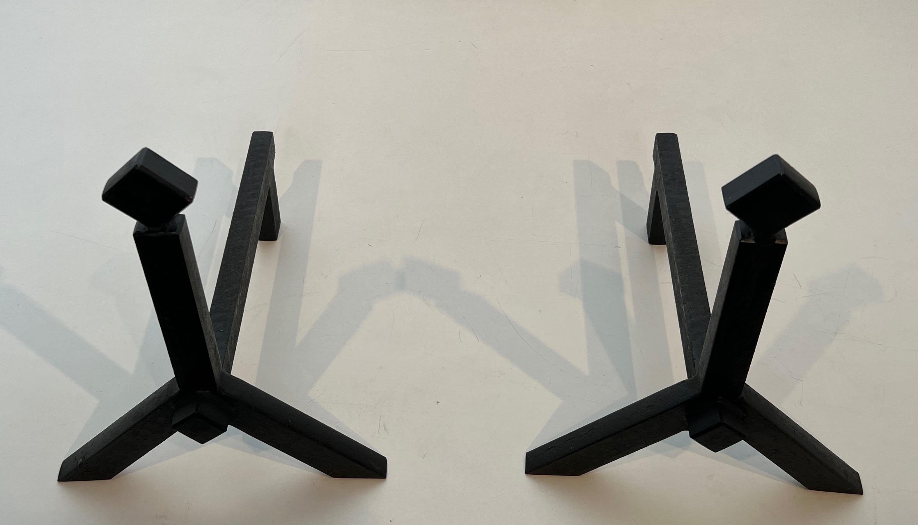 Mid-20th Century Pair of Modernist Cast Iron and Wrought Iron Andirons For Sale