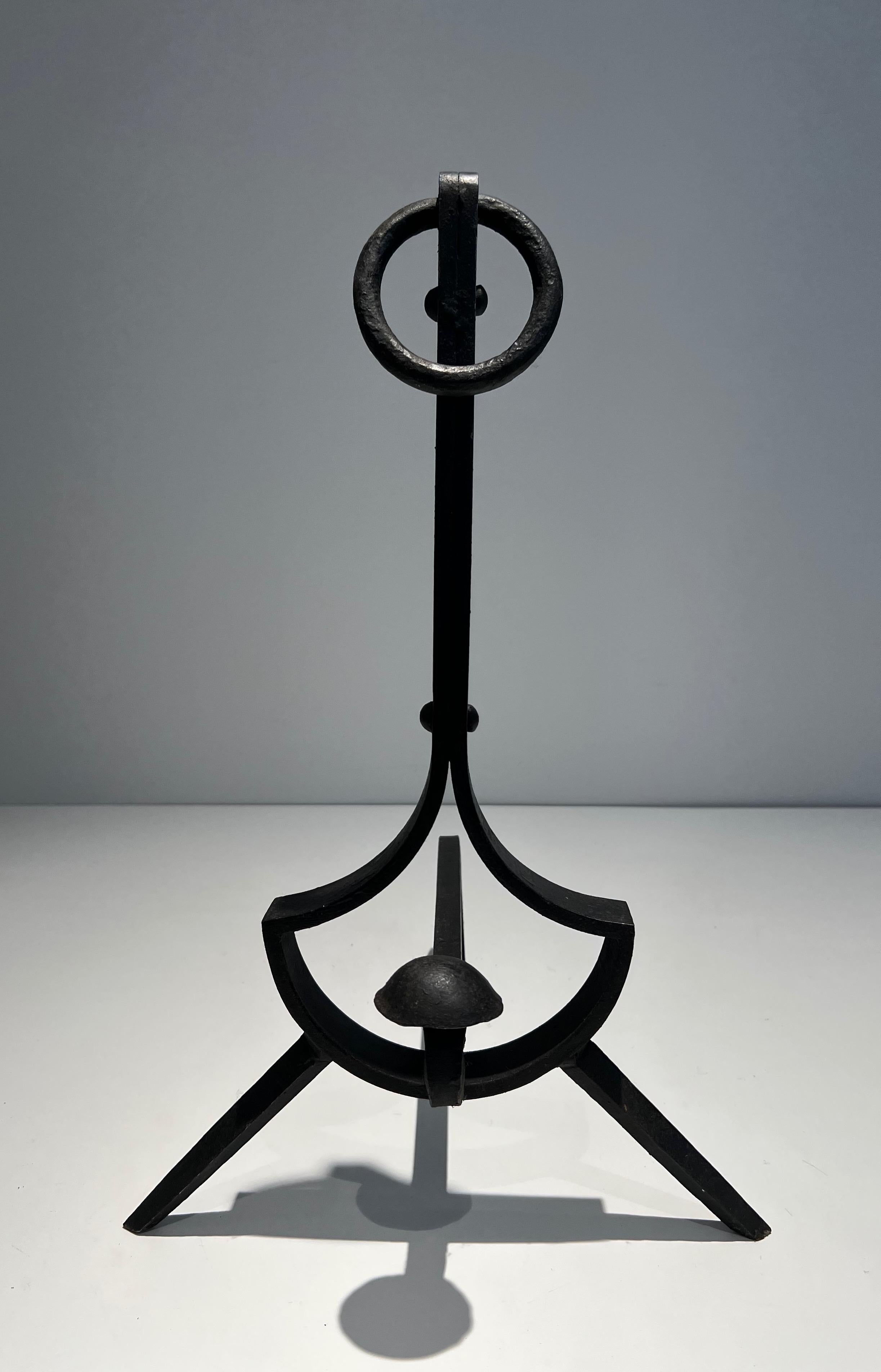 Pair of Modernist Cast Iron and Wrought Iron Andirons For Sale 1