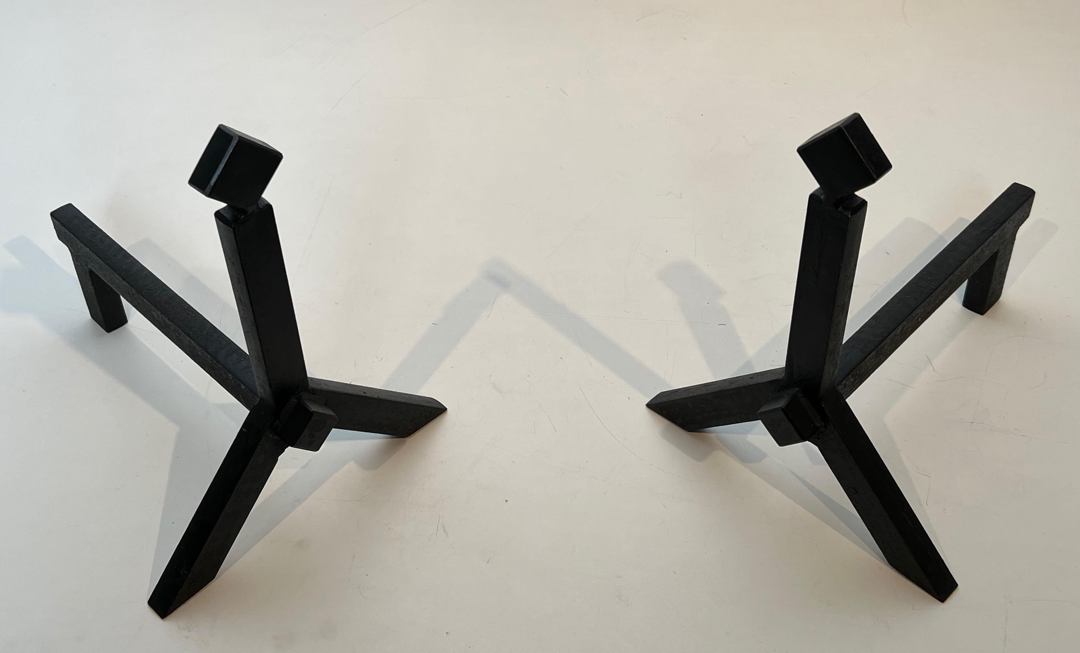 Pair of Modernist Cast Iron and Wrought Iron Andirons For Sale 1