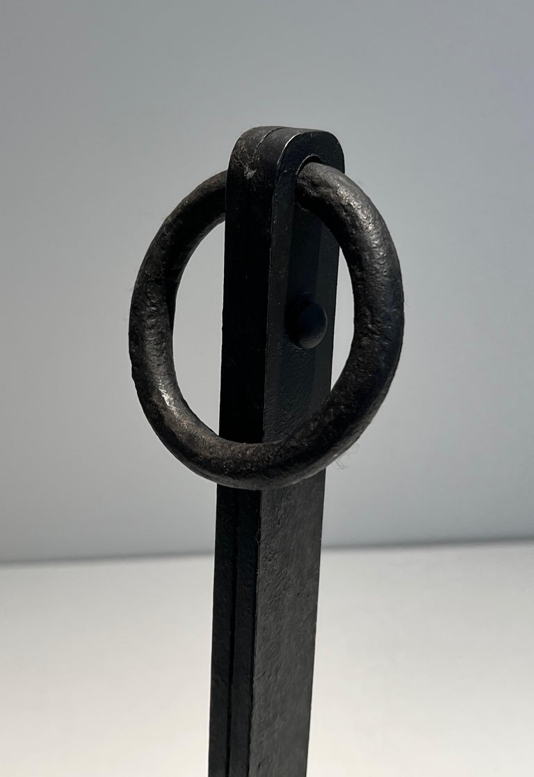 Pair of Modernist Cast Iron and Wrought Iron Andirons For Sale at 1stDibs