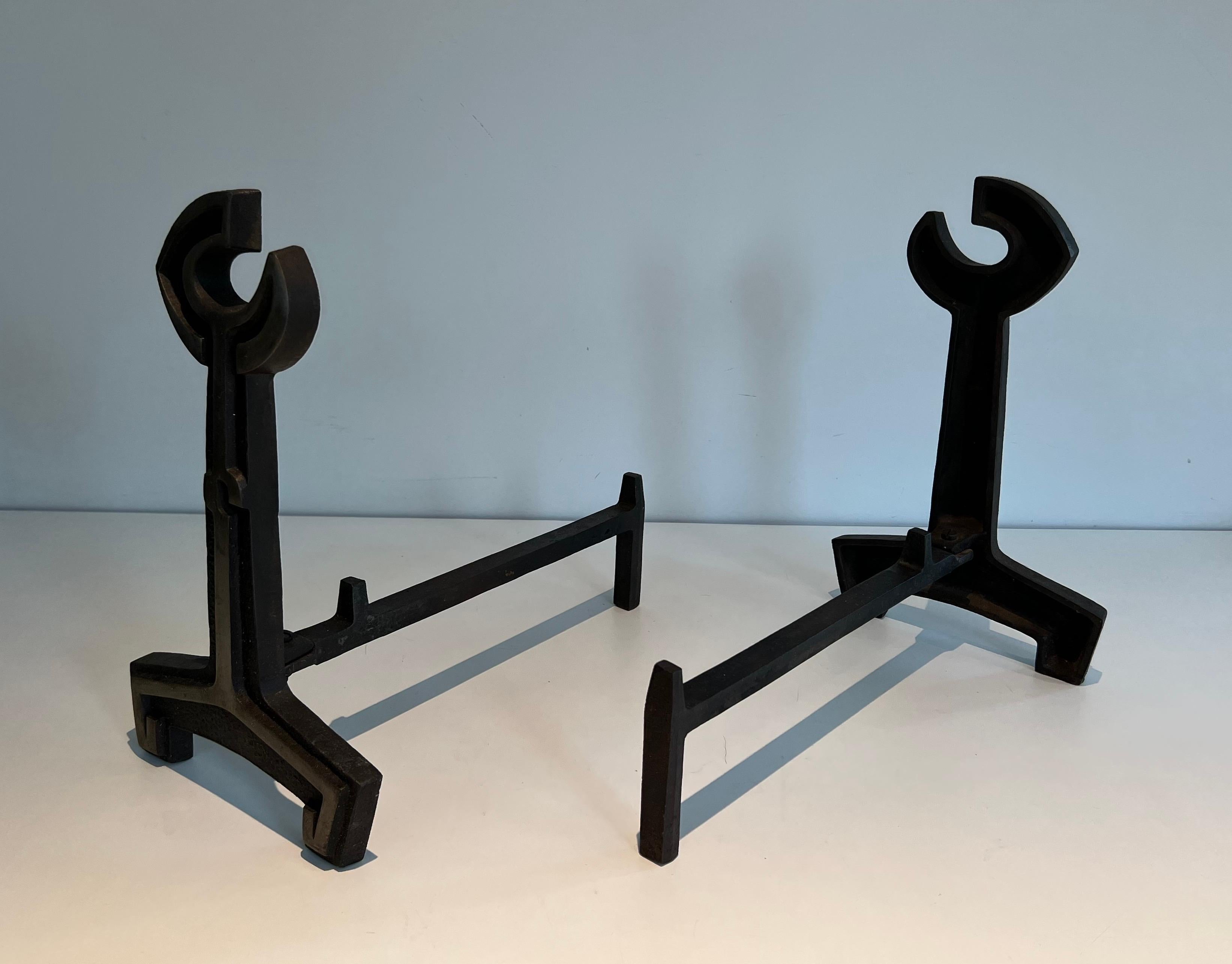 Pair of Modernist Cast Iron and Wrought Iron Andirons For Sale 3