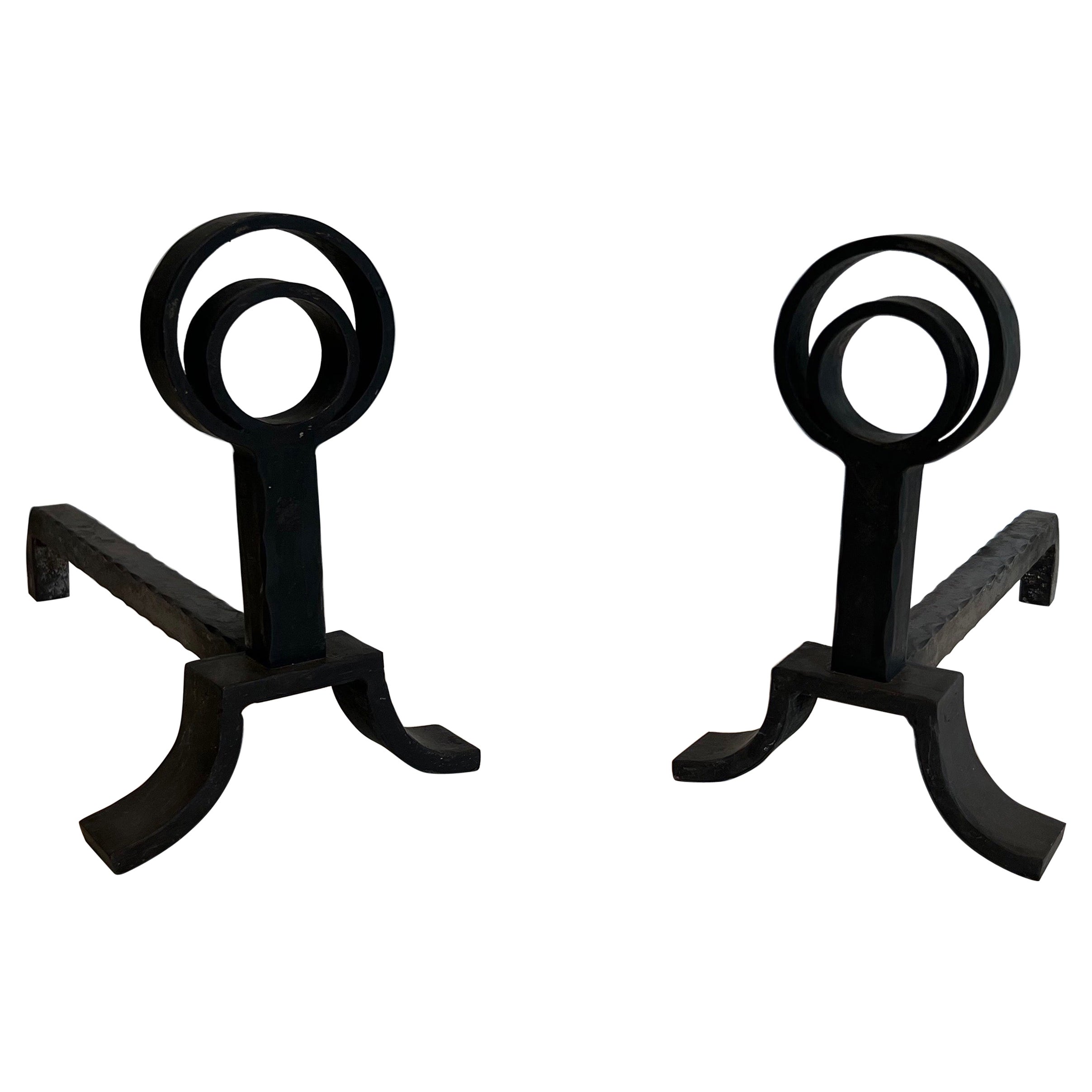 Pair of Modernist Cast Iron and Wrought Iron Andirons