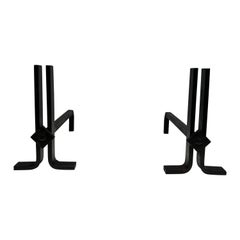 Pair of Modernist Cast Iron and Wrought Iron Andirons