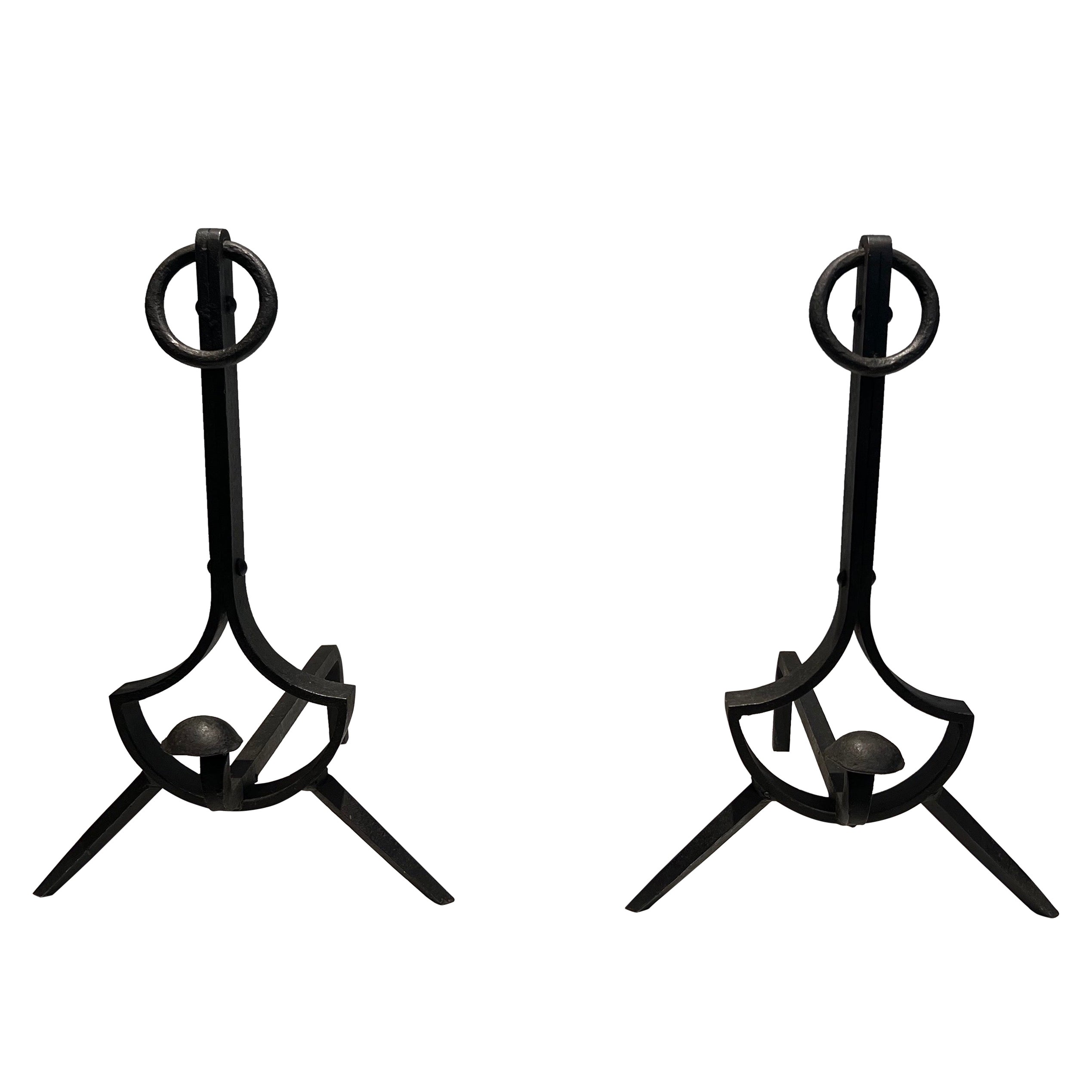 Pair of Modernist Cast Iron and Wrought Iron Andirons