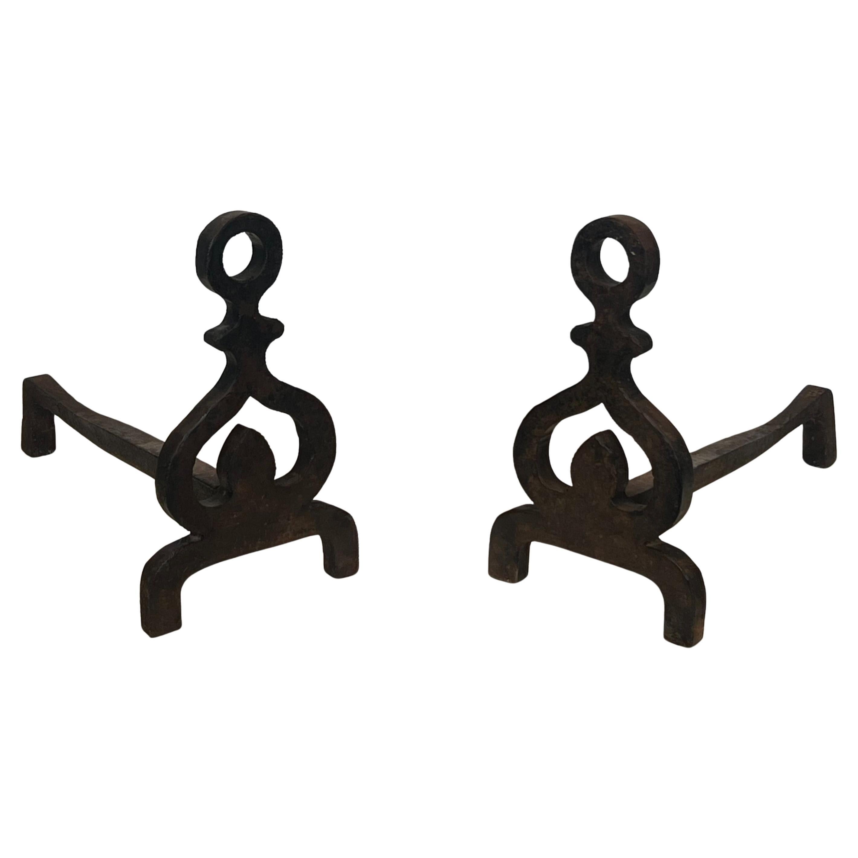 Pair of Modernist Cast Iron and Wrought Iron Andirons