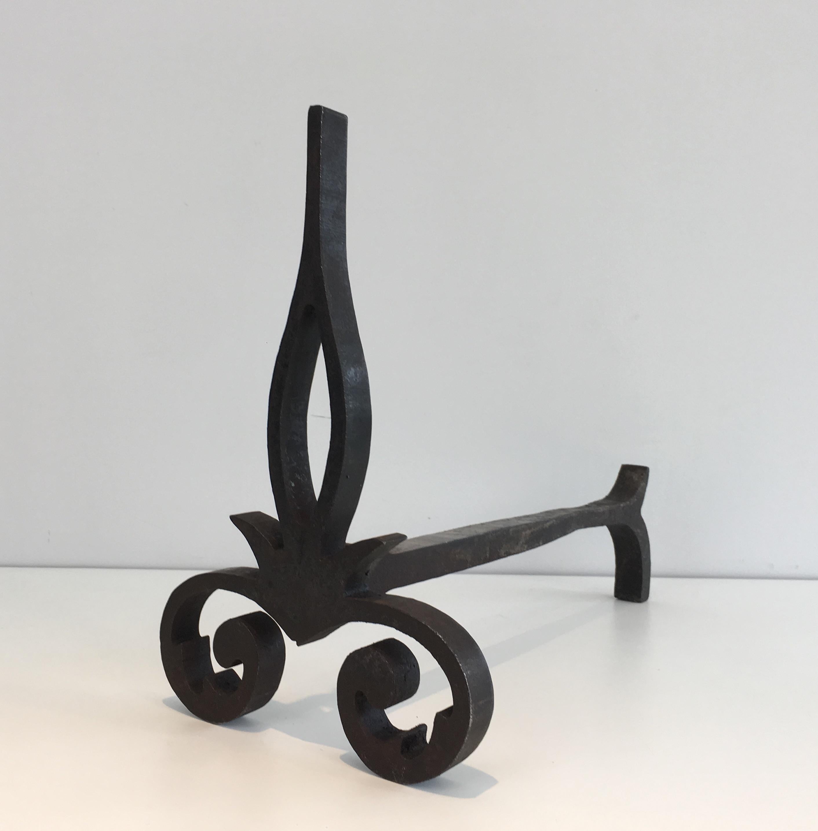 Pair of Modernist Cast Iron and Wrought Iron Andirons, French, circa 1940 5