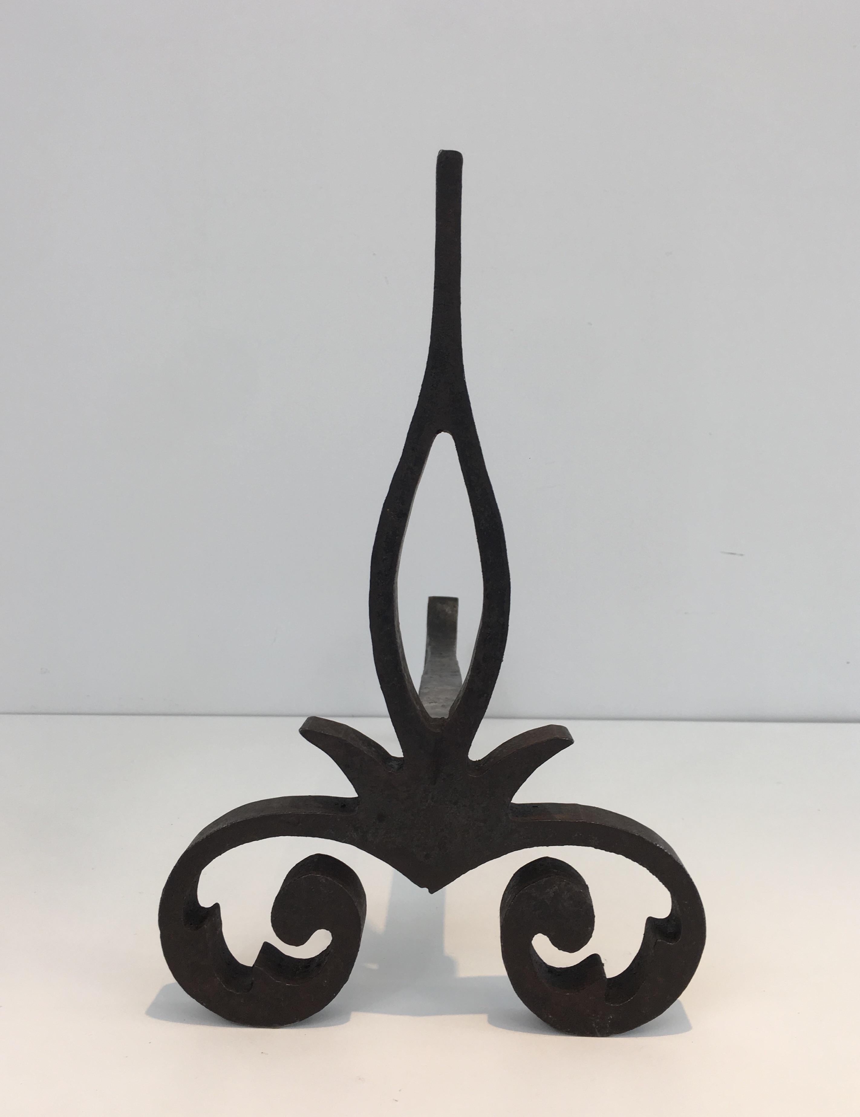 Pair of Modernist Cast Iron and Wrought Iron Andirons, French, circa 1940 6