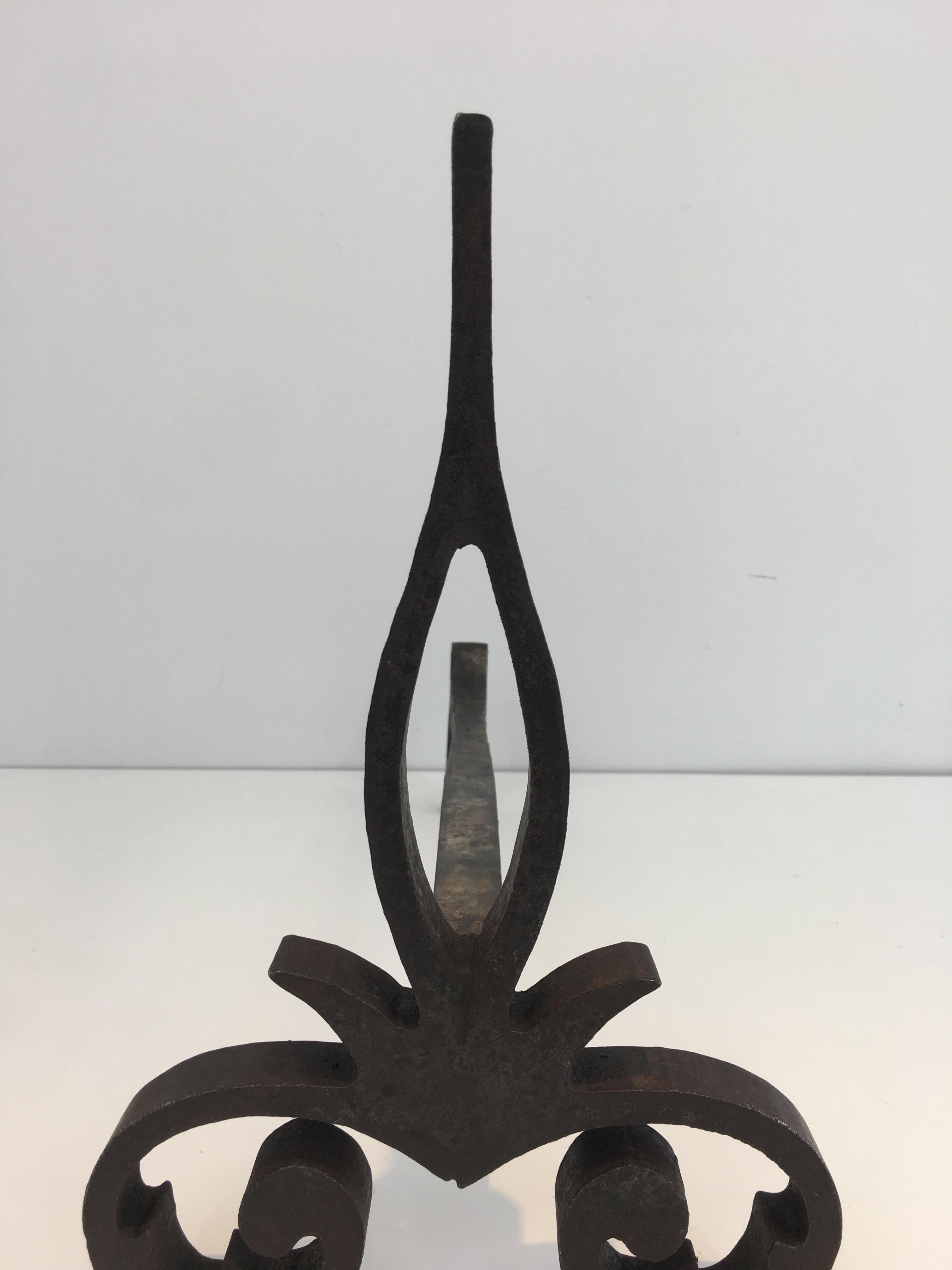 Pair of Modernist Cast Iron and Wrought Iron Andirons, French, circa 1940 7