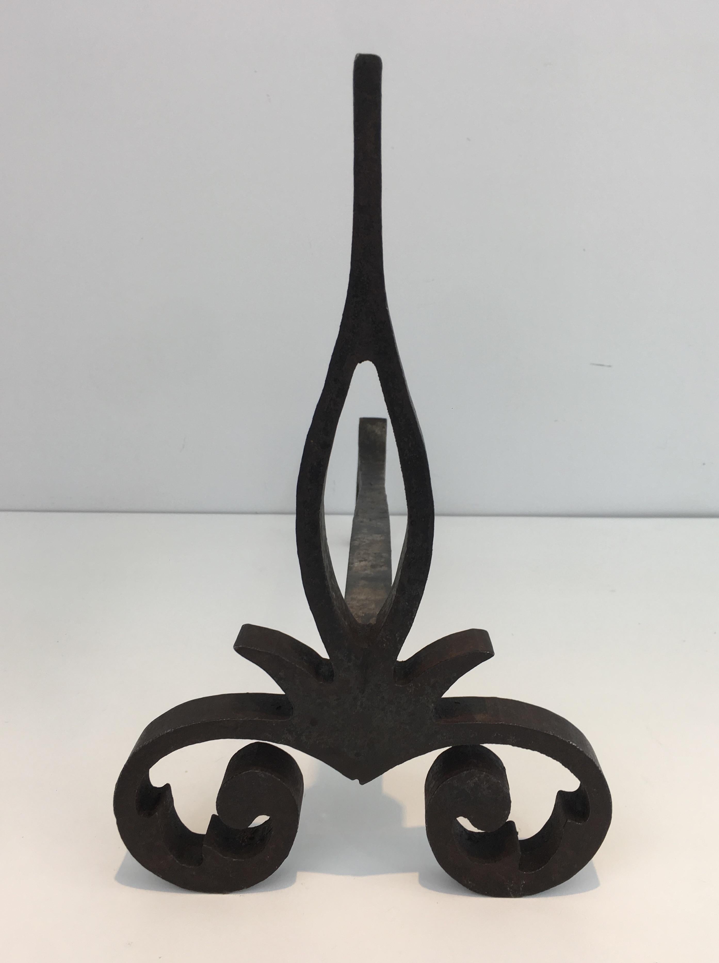 Pair of Modernist Cast Iron and Wrought Iron Andirons, French, circa 1940 9