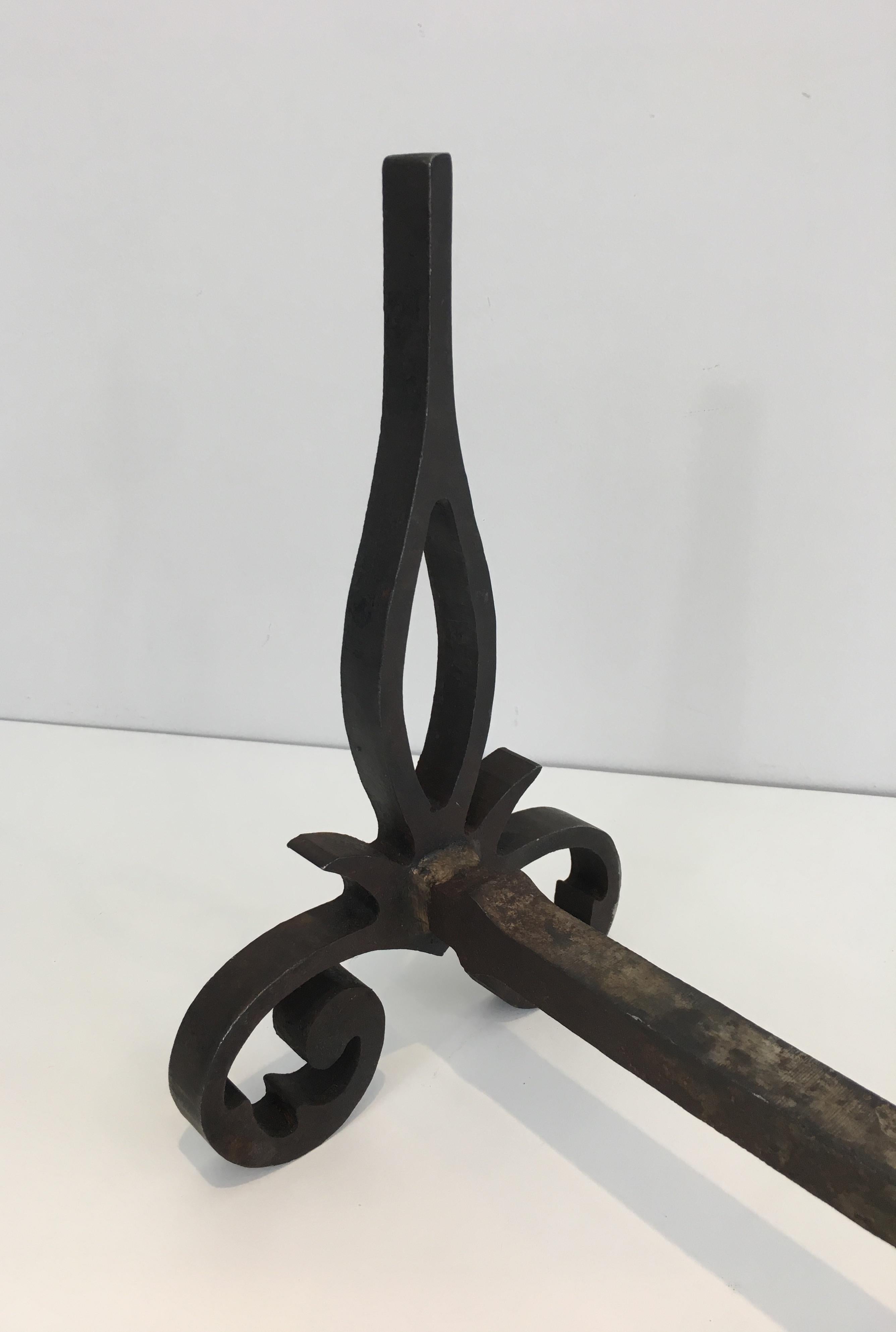 Pair of Modernist Cast Iron and Wrought Iron Andirons, French, circa 1940 10