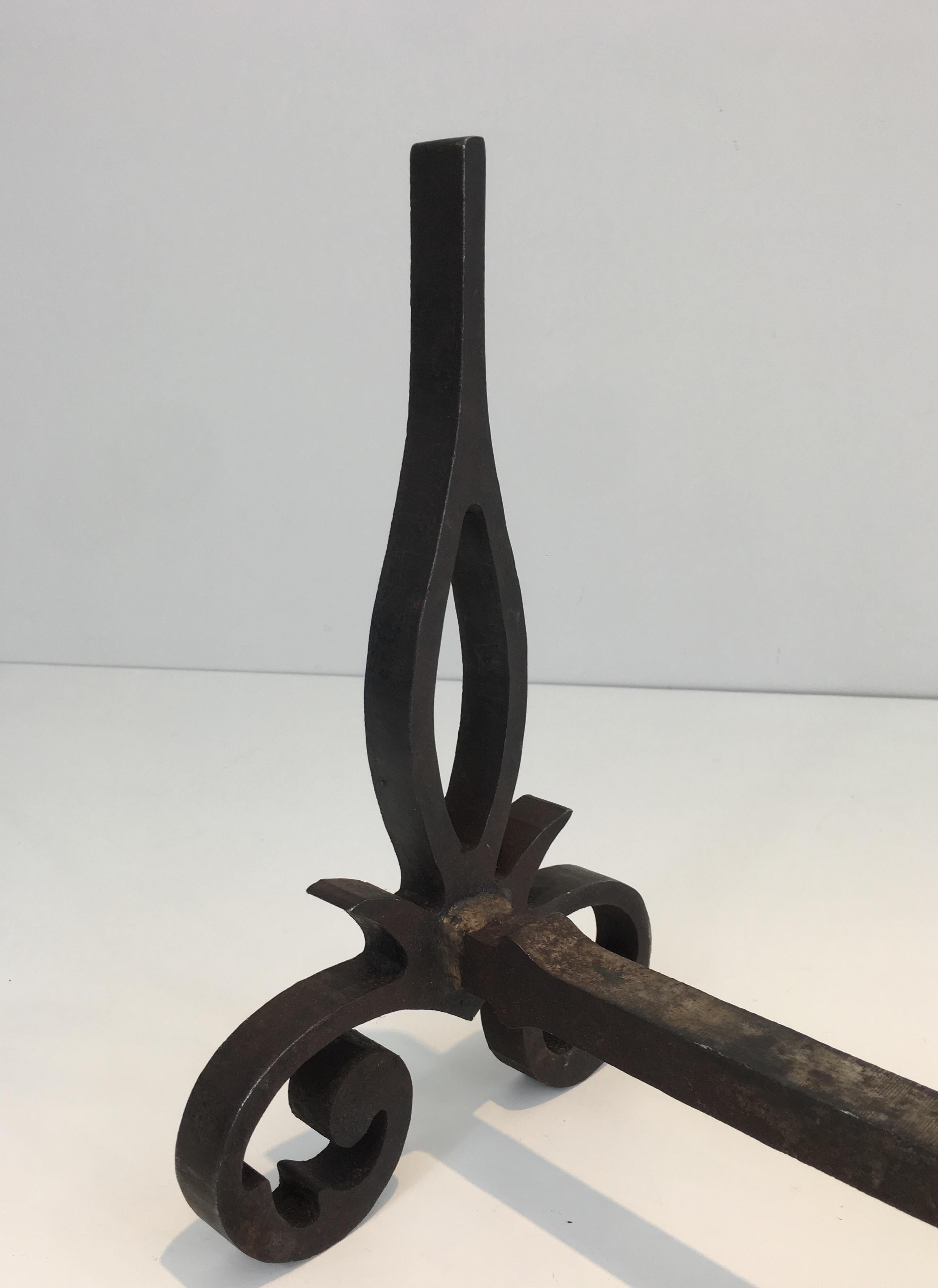 Pair of Modernist Cast Iron and Wrought Iron Andirons, French, circa 1940 11