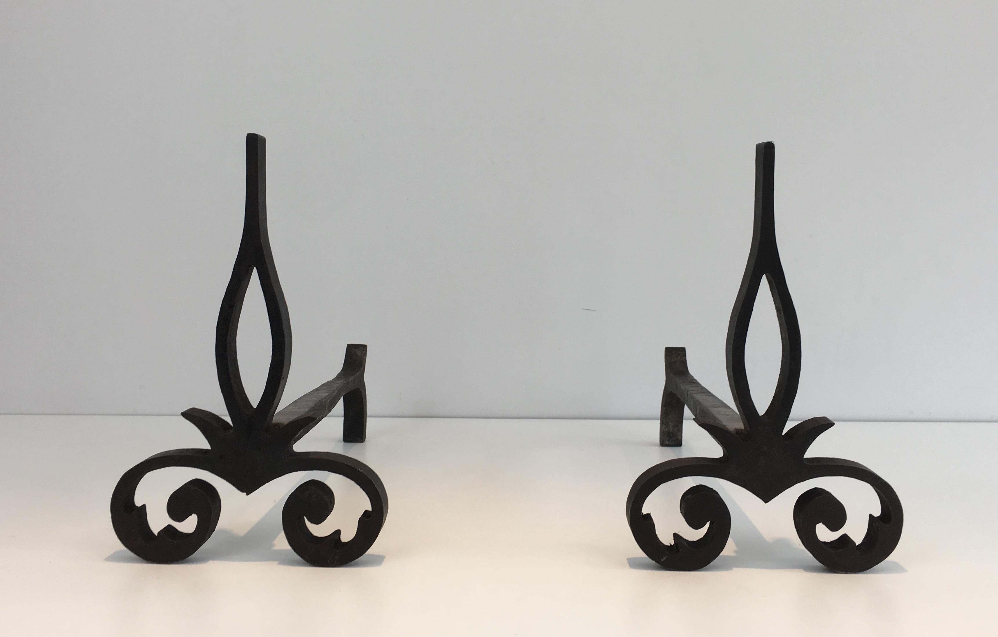 Pair of Modernist Cast Iron and Wrought Iron Andirons, French, circa 1940 12
