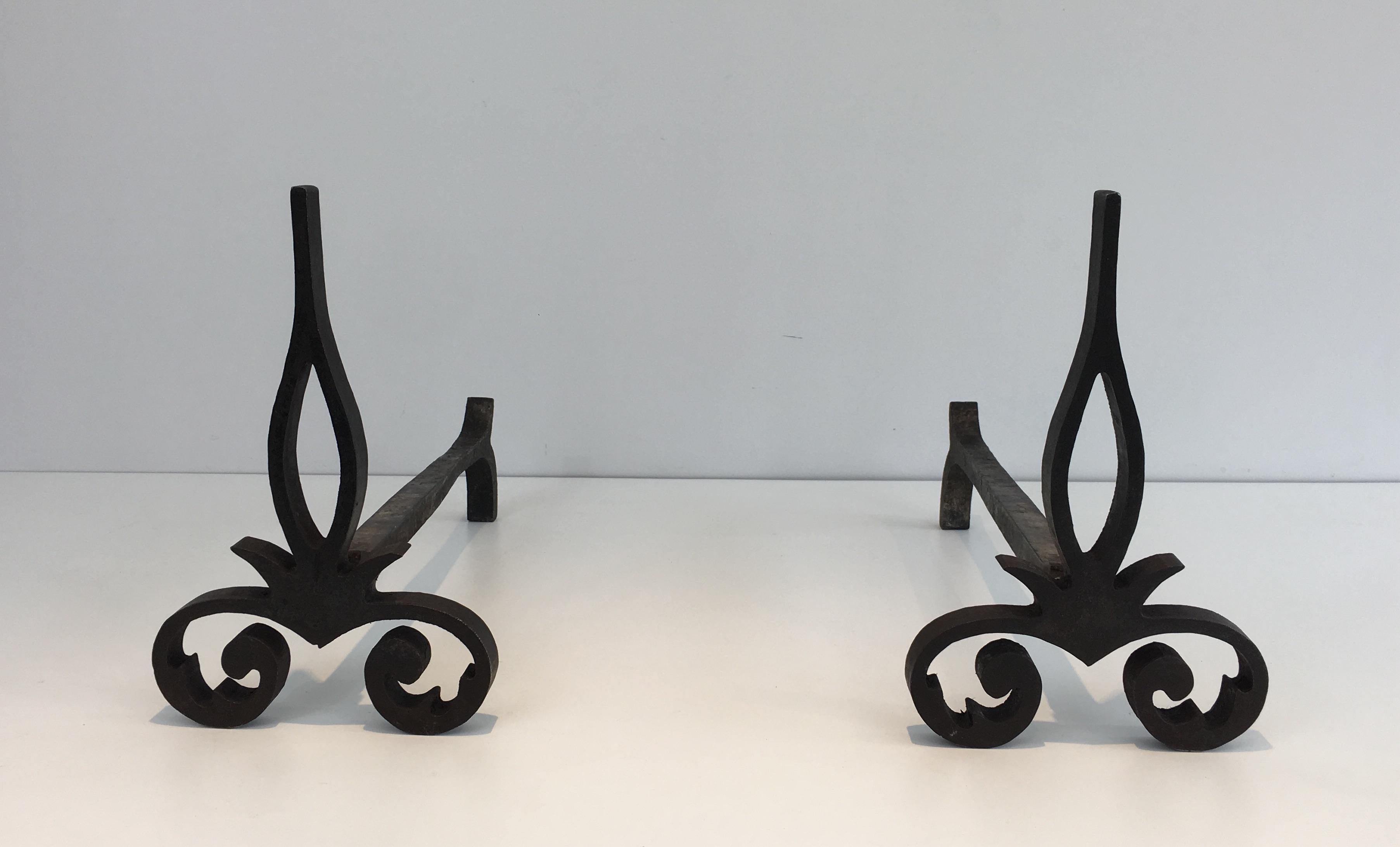 Mid-Century Modern Pair of Modernist Cast Iron and Wrought Iron Andirons, French, circa 1940