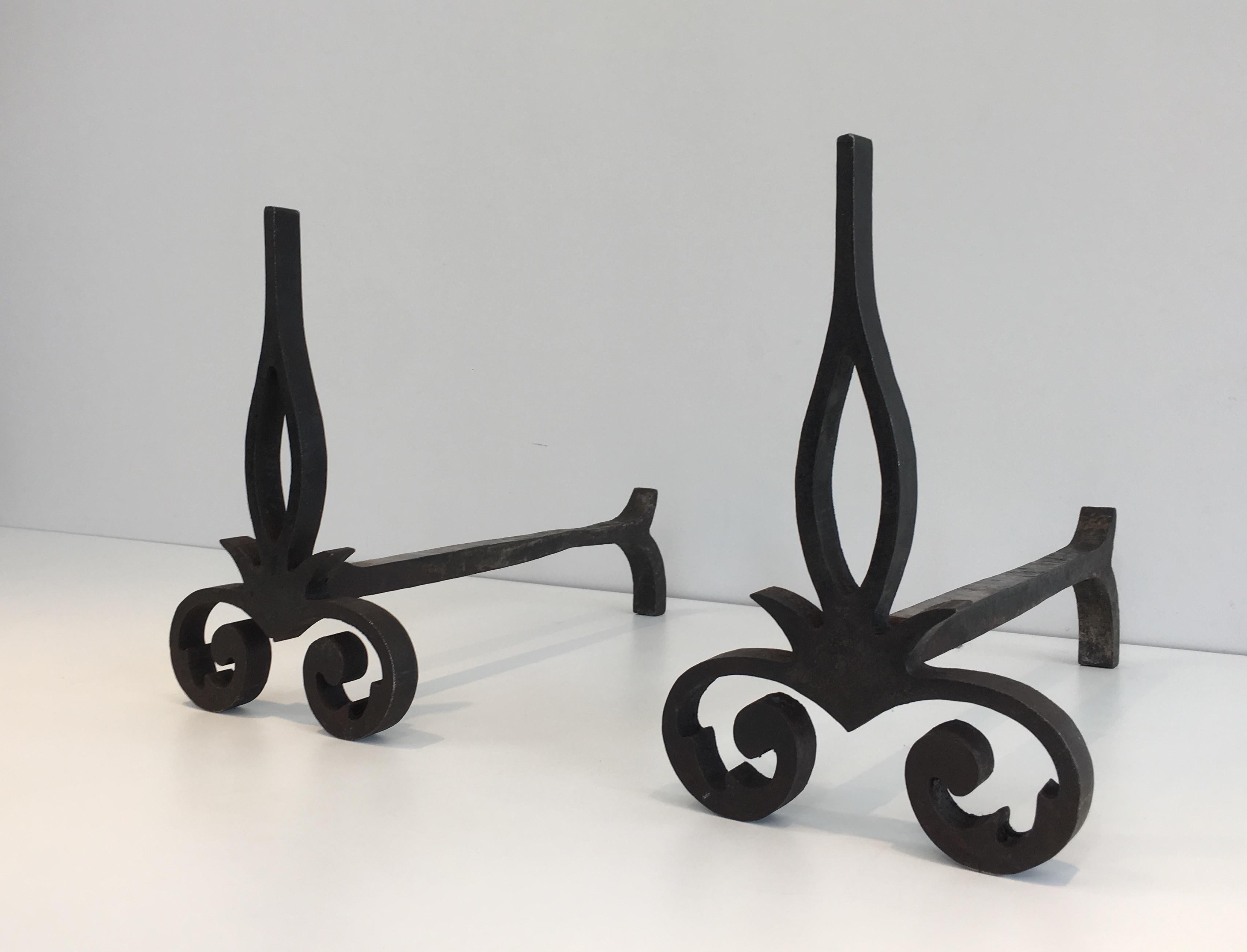 Mid-20th Century Pair of Modernist Cast Iron and Wrought Iron Andirons, French, circa 1940