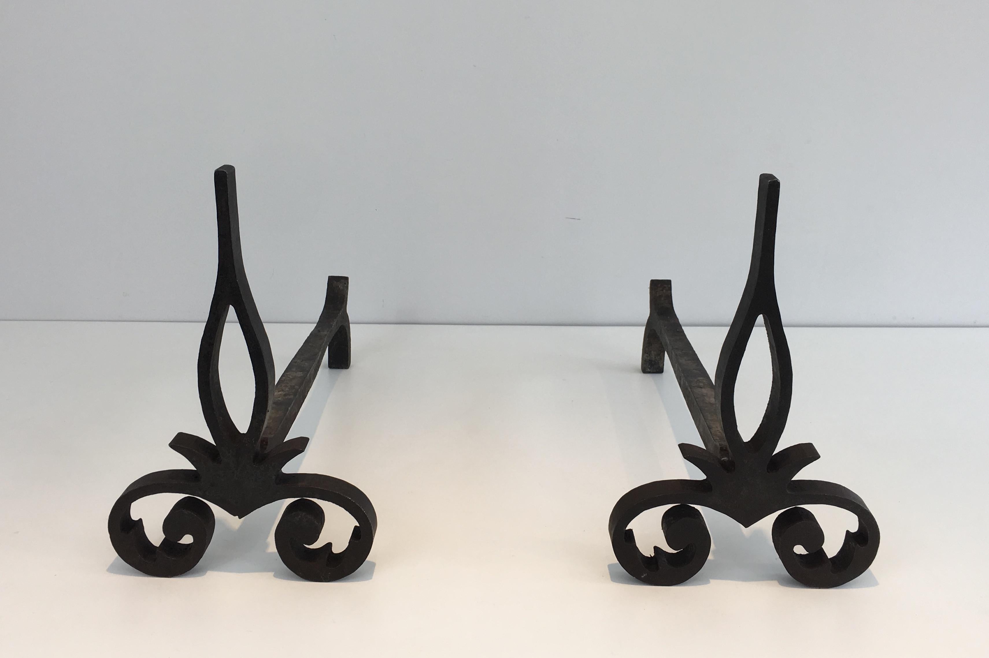 Pair of Modernist Cast Iron and Wrought Iron Andirons, French, circa 1940 1