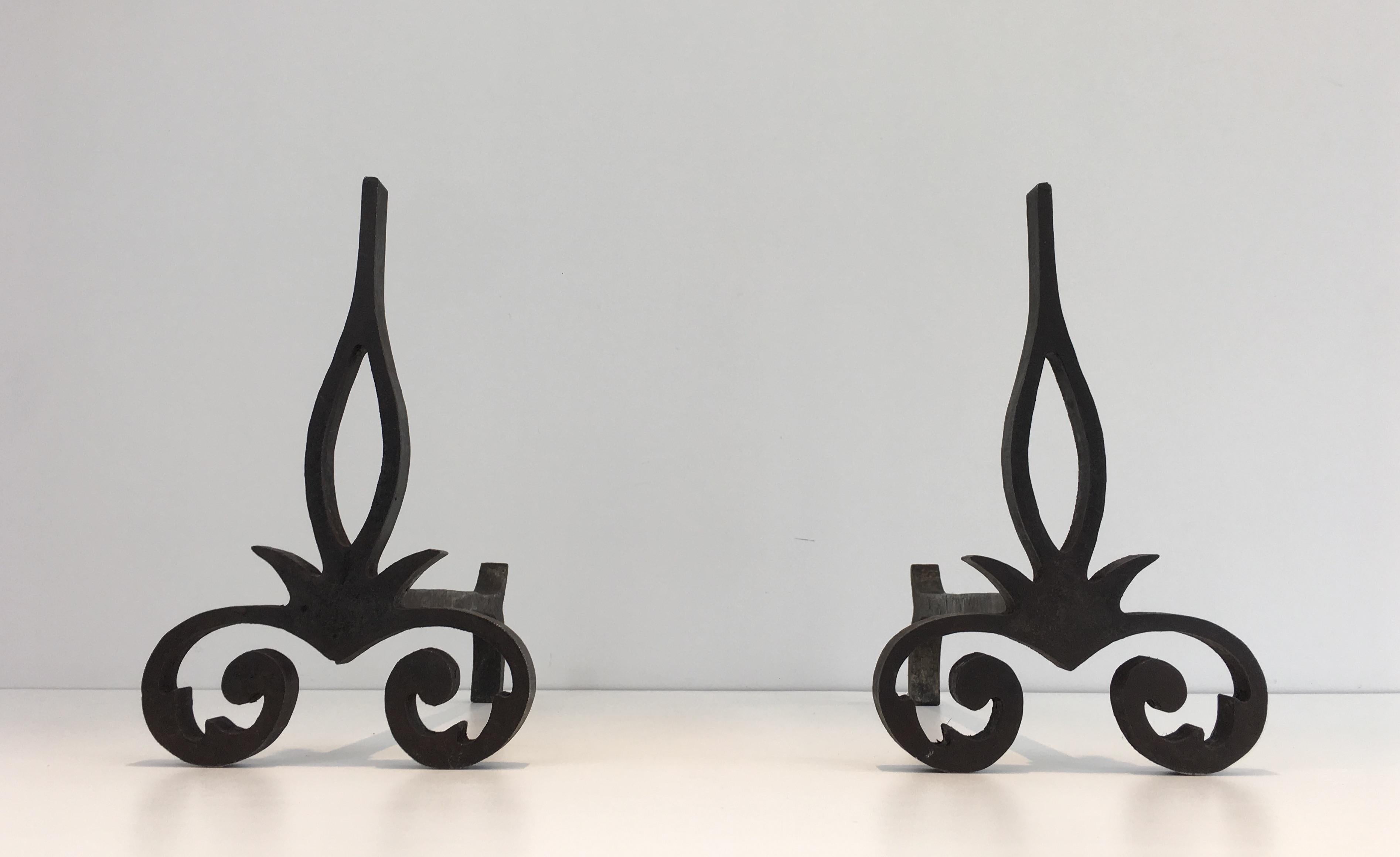 Pair of Modernist Cast Iron and Wrought Iron Andirons, French, circa 1940 3