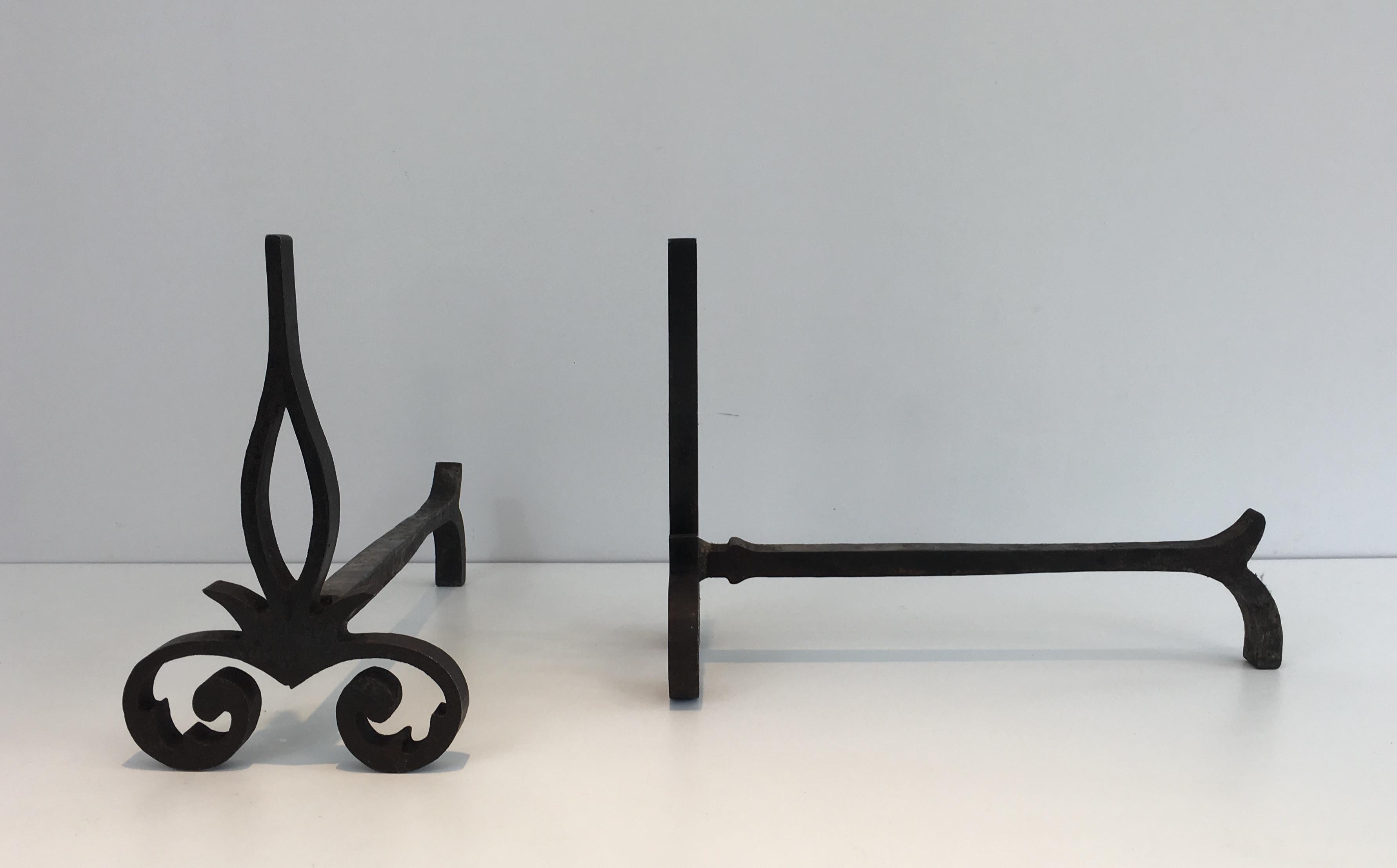 Pair of Modernist Cast Iron and Wrought Iron Andirons, French, circa 1940 4