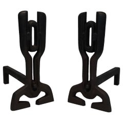 Pair of Modernist Cast Iron and Wrought Iron Andirons, French, Circa 1970