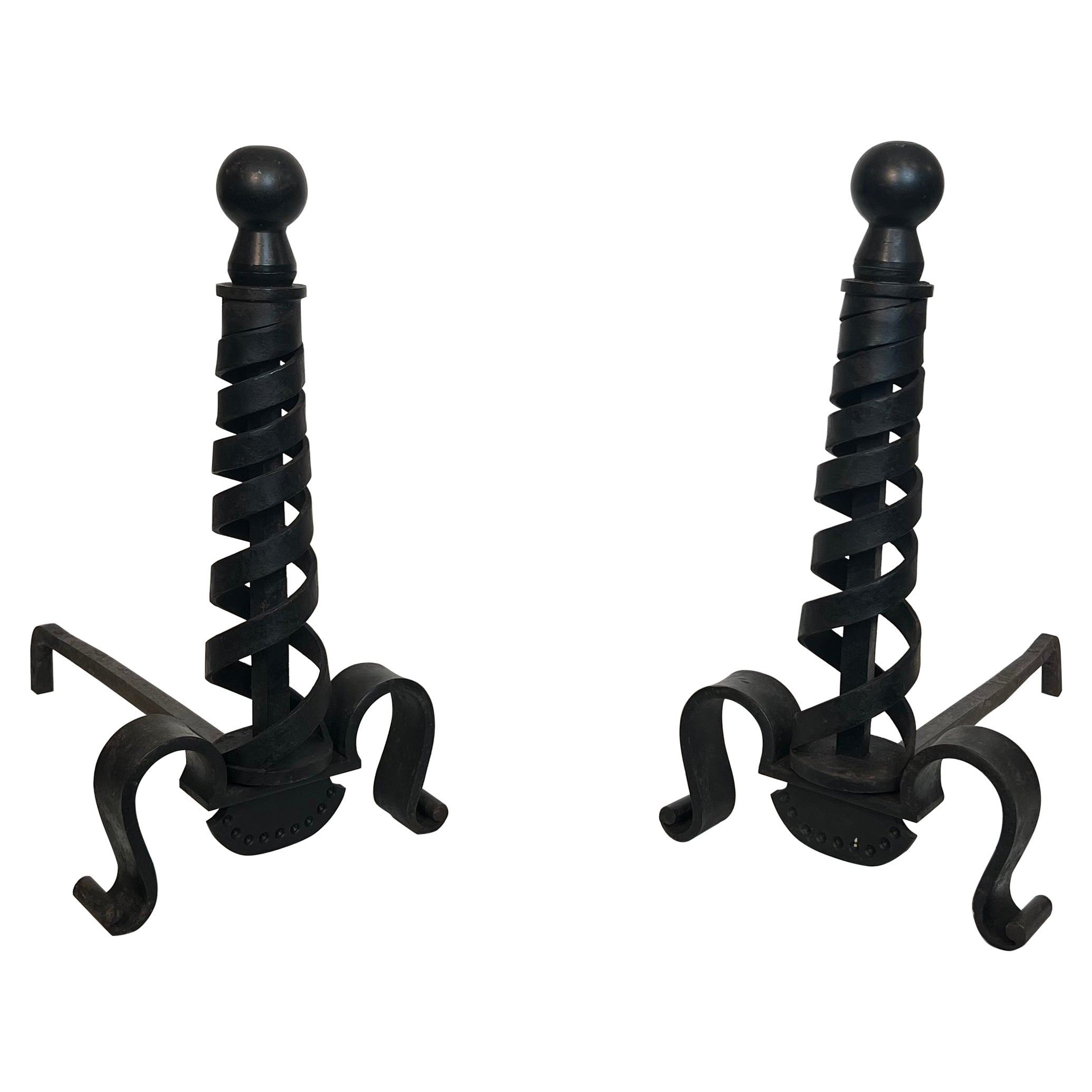 Pair of Modernist Cast Iron and Wrought Iron Andirons. Raymond Subes.