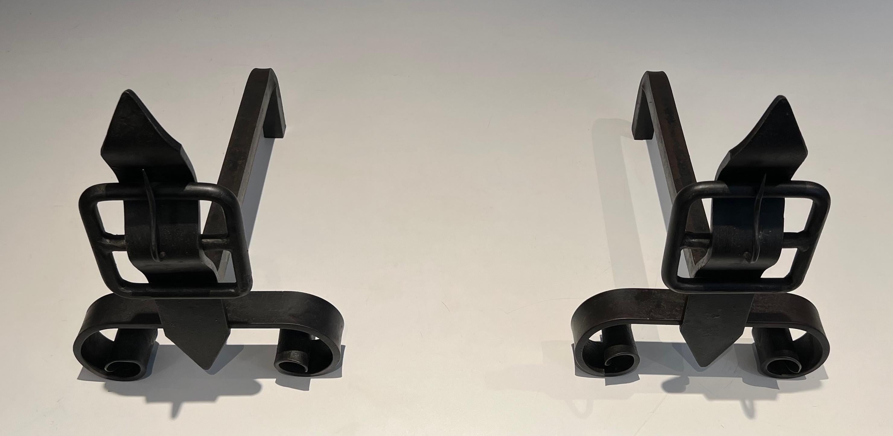 Mid-Century Modern Pair of Modernist Cast Iron and Wrought Iron Belt Andirons For Sale