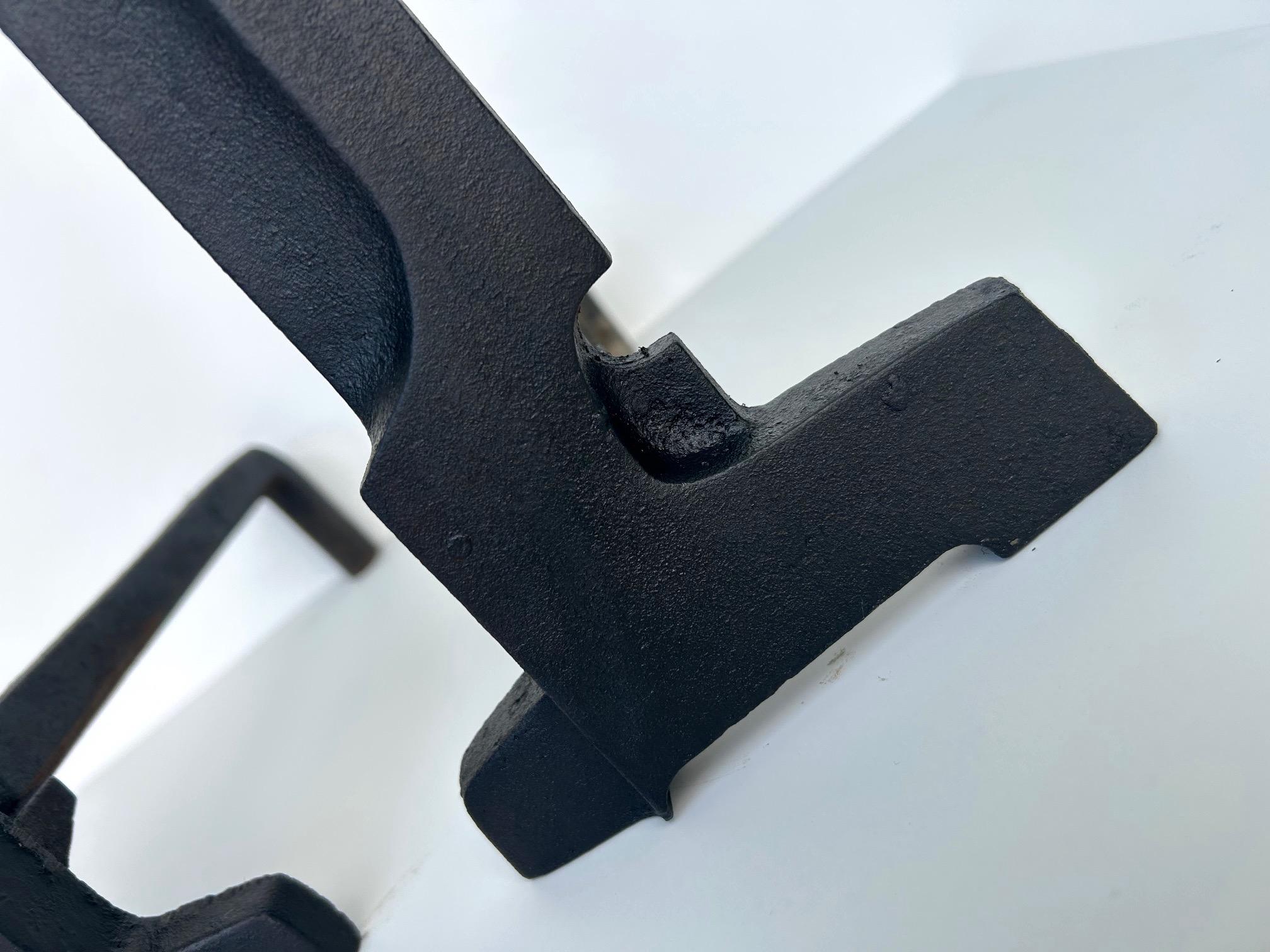 Pair of modernist cast iron andirons circa 1970 For Sale 2