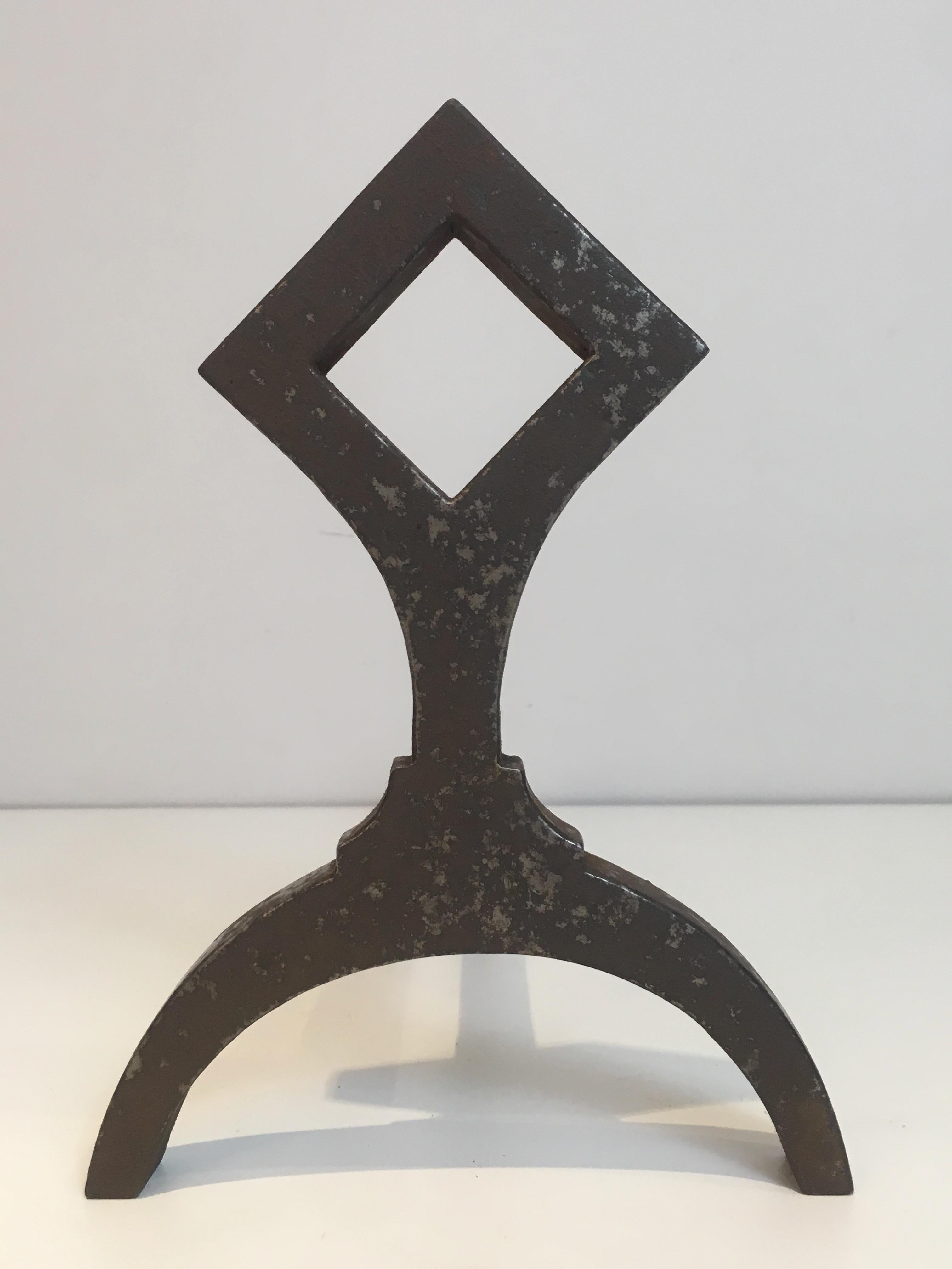 Pair of Modernist Cast Iron Andirons, French, circa 1950 7
