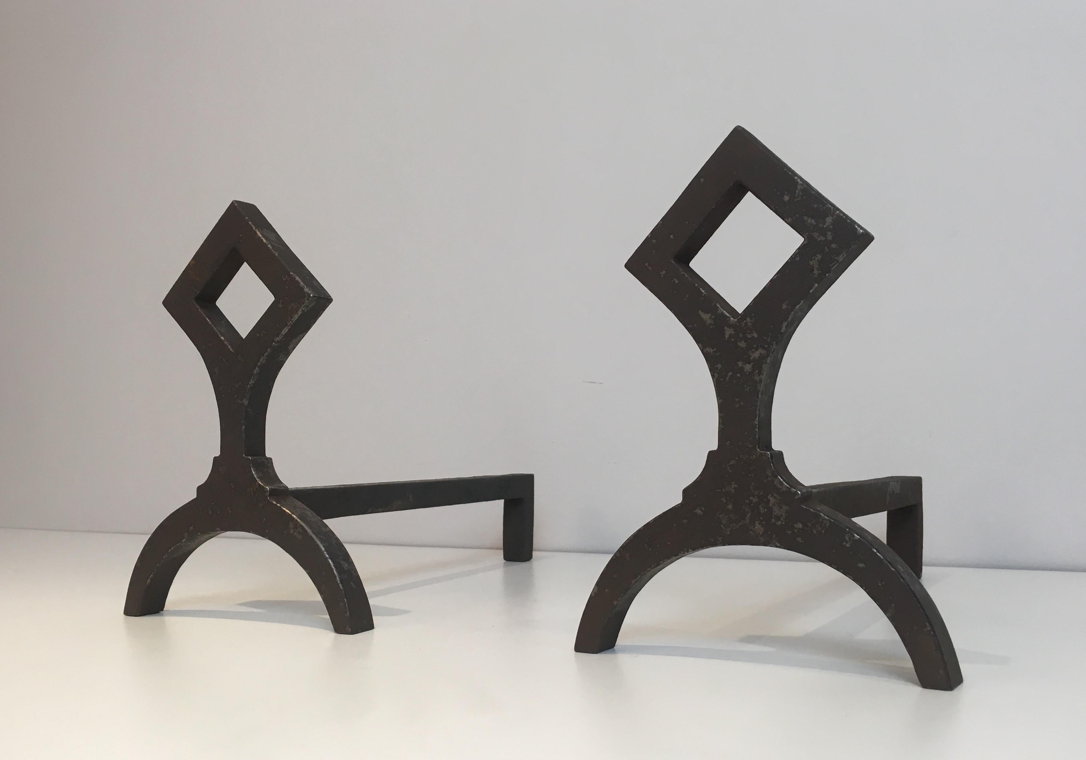 Pair of Modernist Cast Iron Andirons, French, circa 1950 8