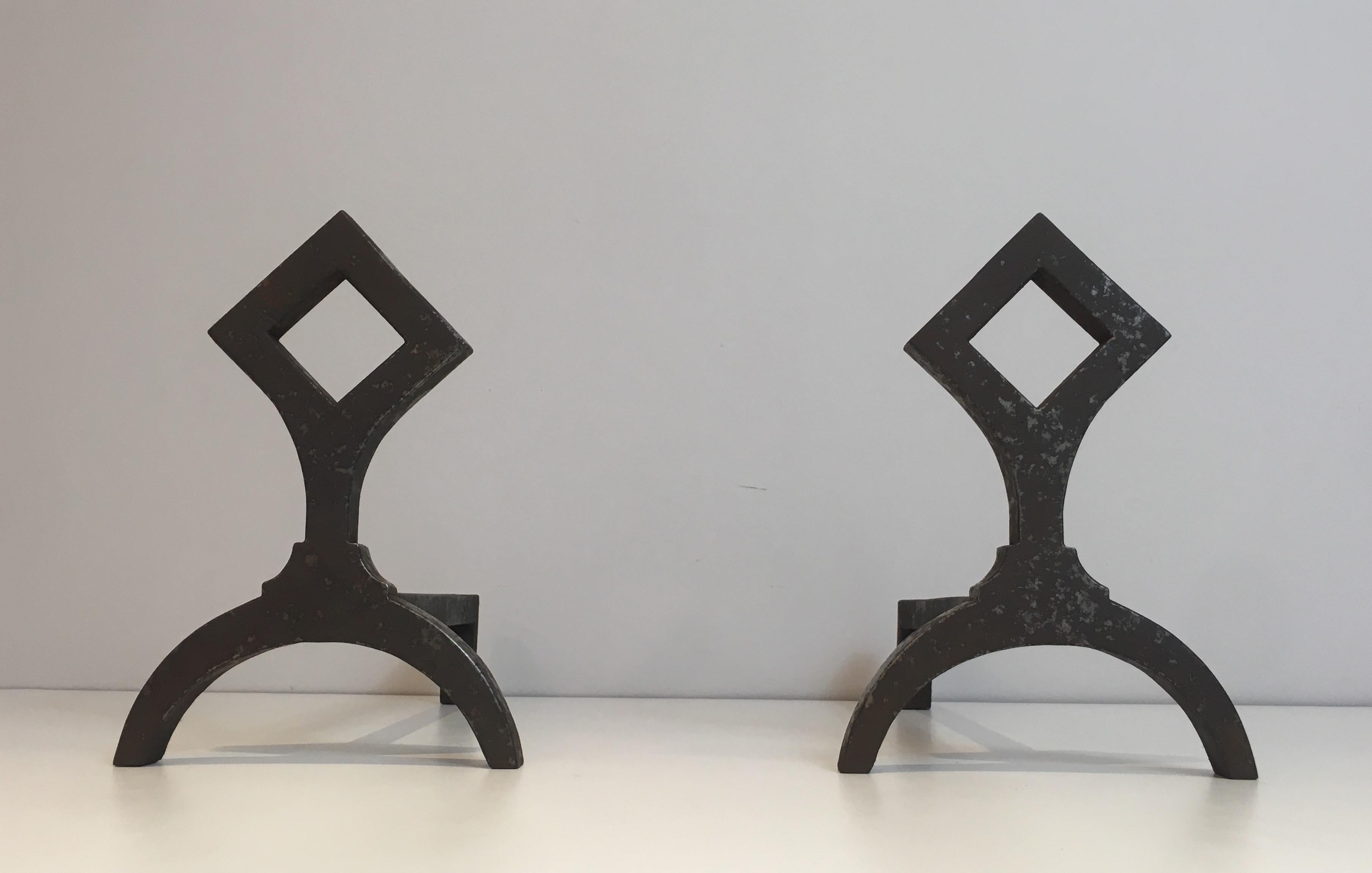 Pair of Modernist Cast Iron Andirons, French, circa 1950 9