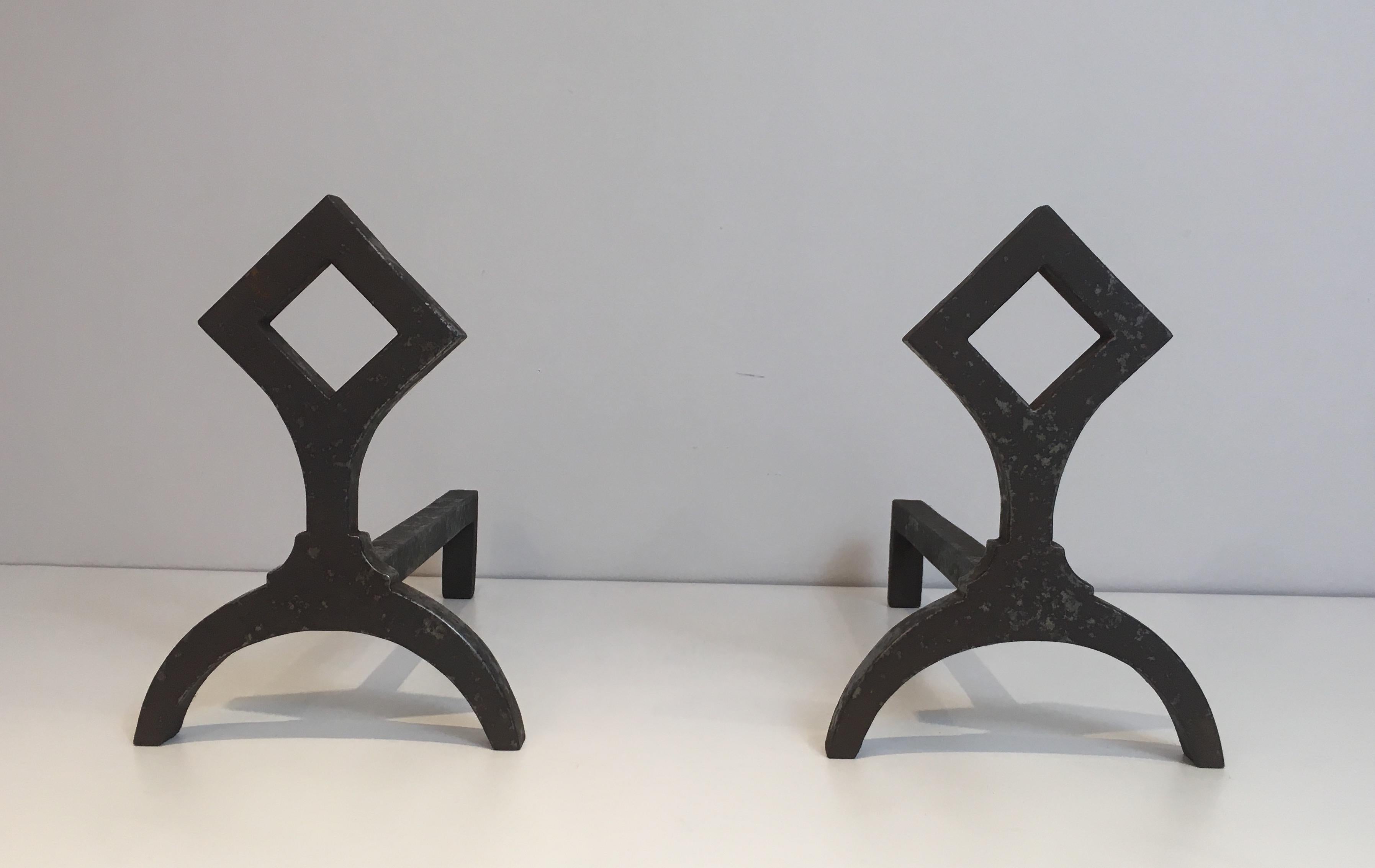 Pair of Modernist Cast Iron Andirons, French, circa 1950 10