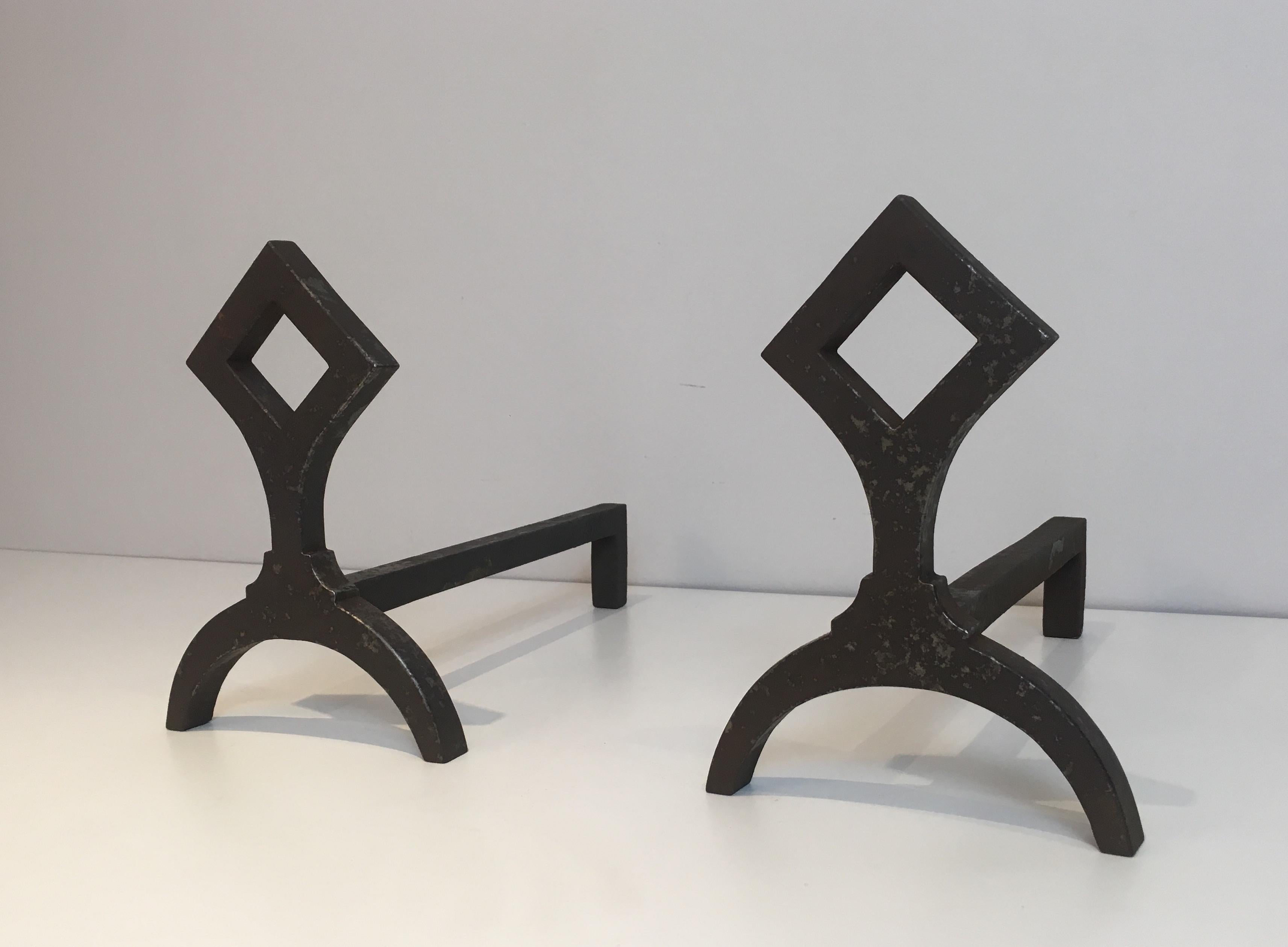 Pair of Modernist Cast Iron Andirons, French, circa 1950 11