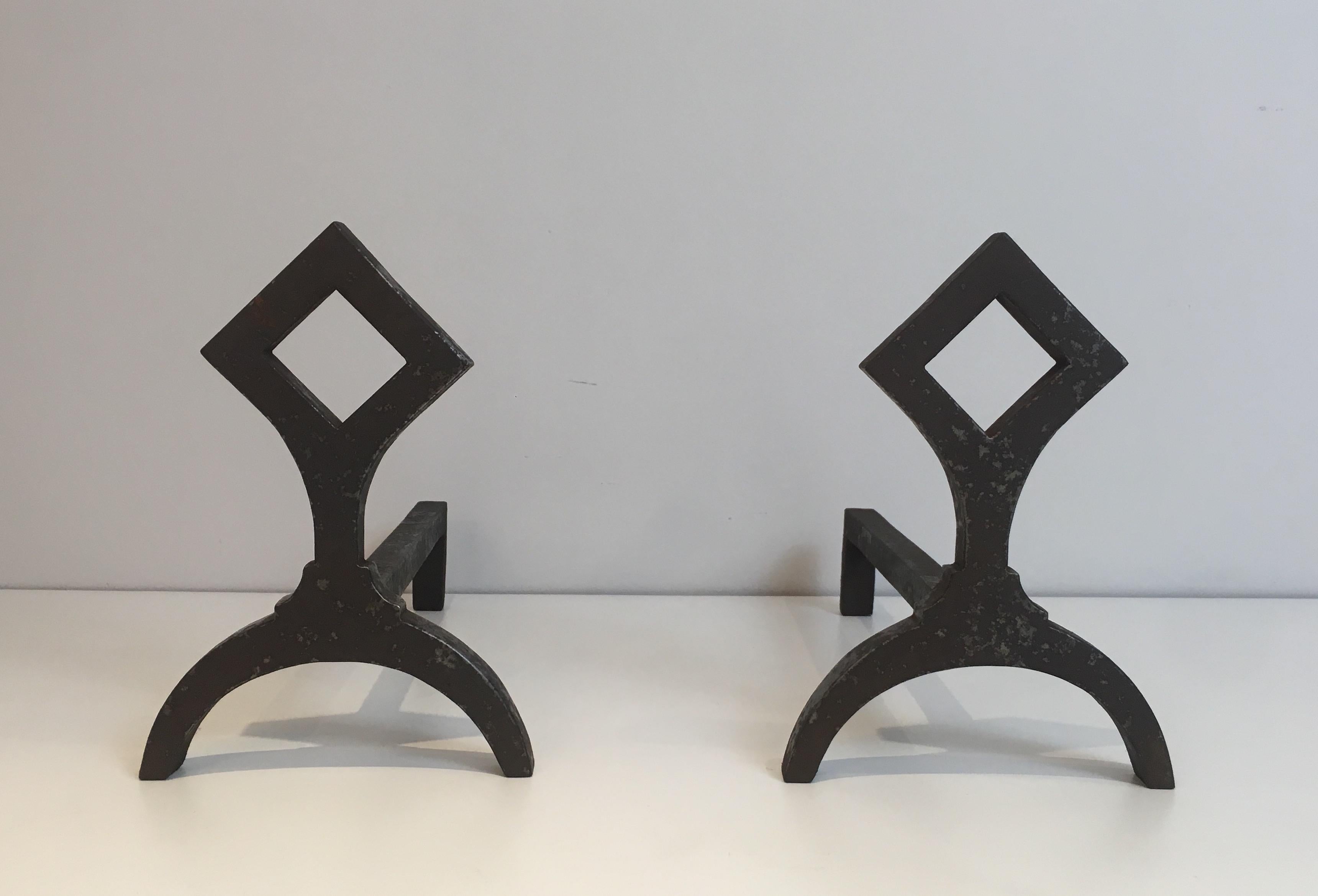 Mid-Century Modern Pair of Modernist Cast Iron Andirons, French, circa 1950