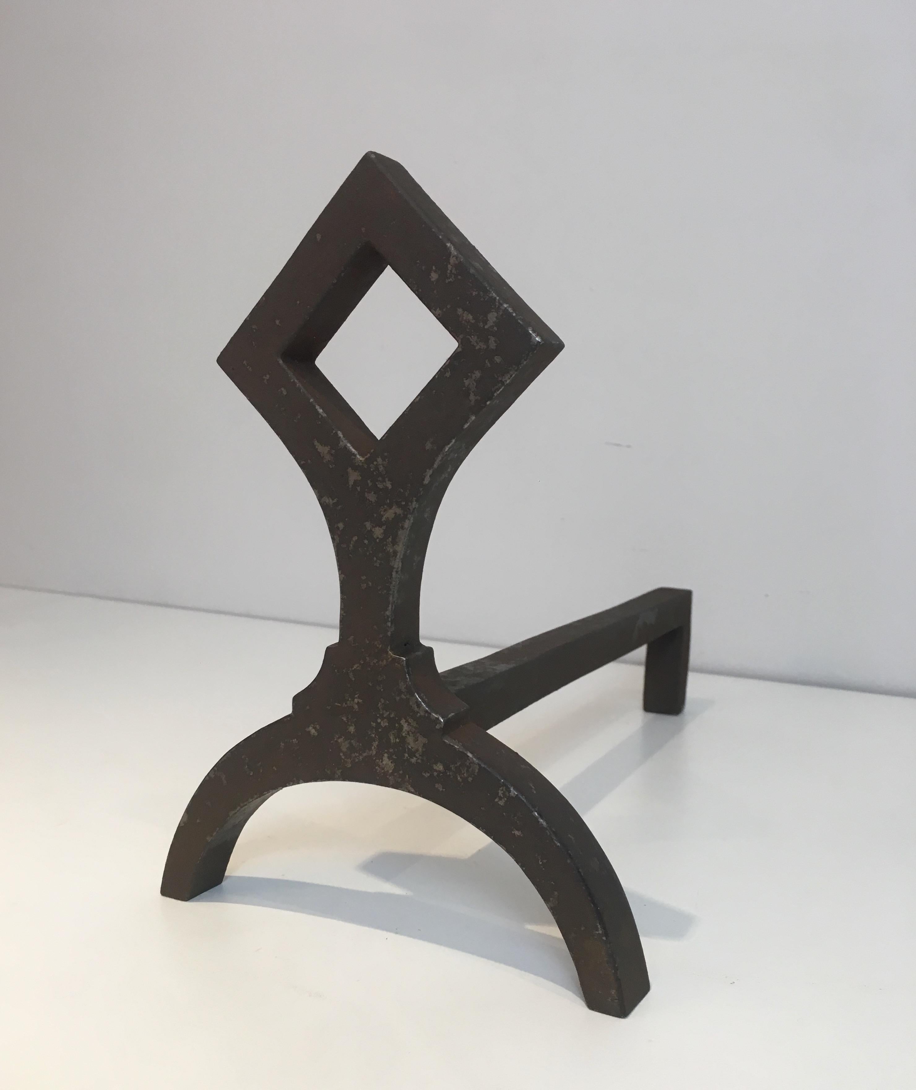 Mid-20th Century Pair of Modernist Cast Iron Andirons, French, circa 1950