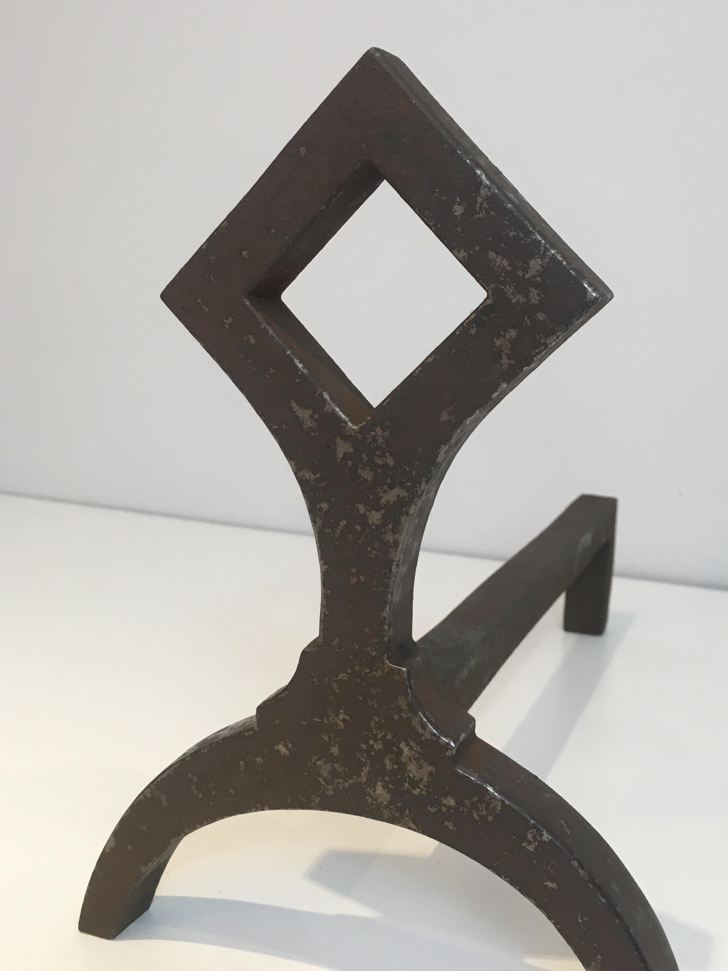 Pair of Modernist Cast Iron Andirons, French, circa 1950 1