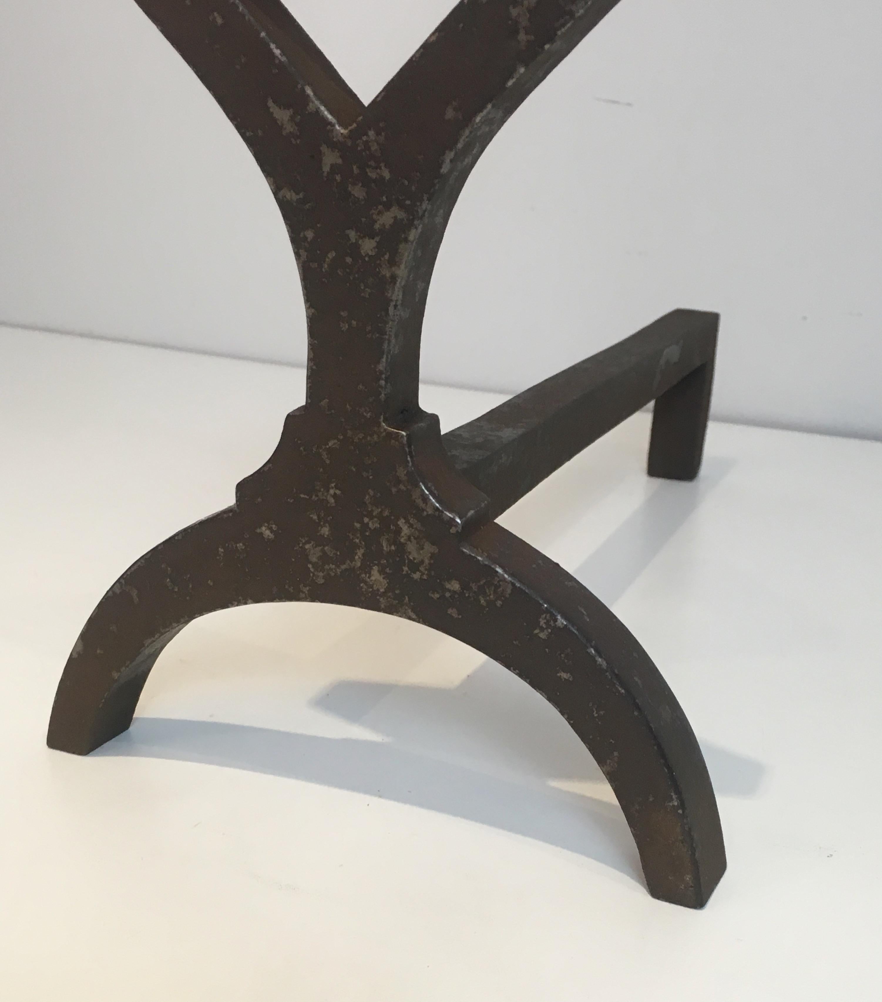 Pair of Modernist Cast Iron Andirons, French, circa 1950 2