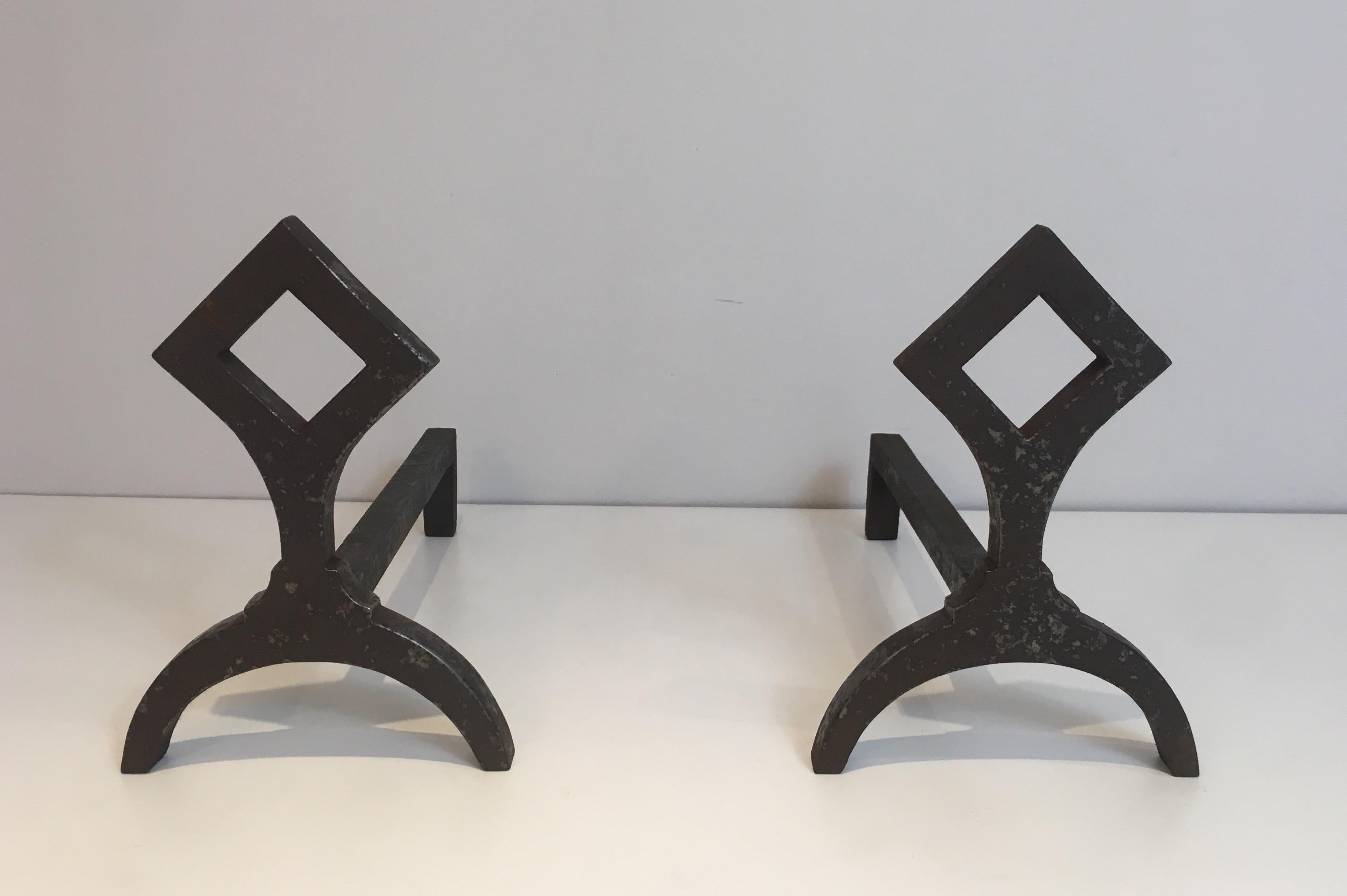 Pair of Modernist Cast Iron Andirons, French, circa 1950 3