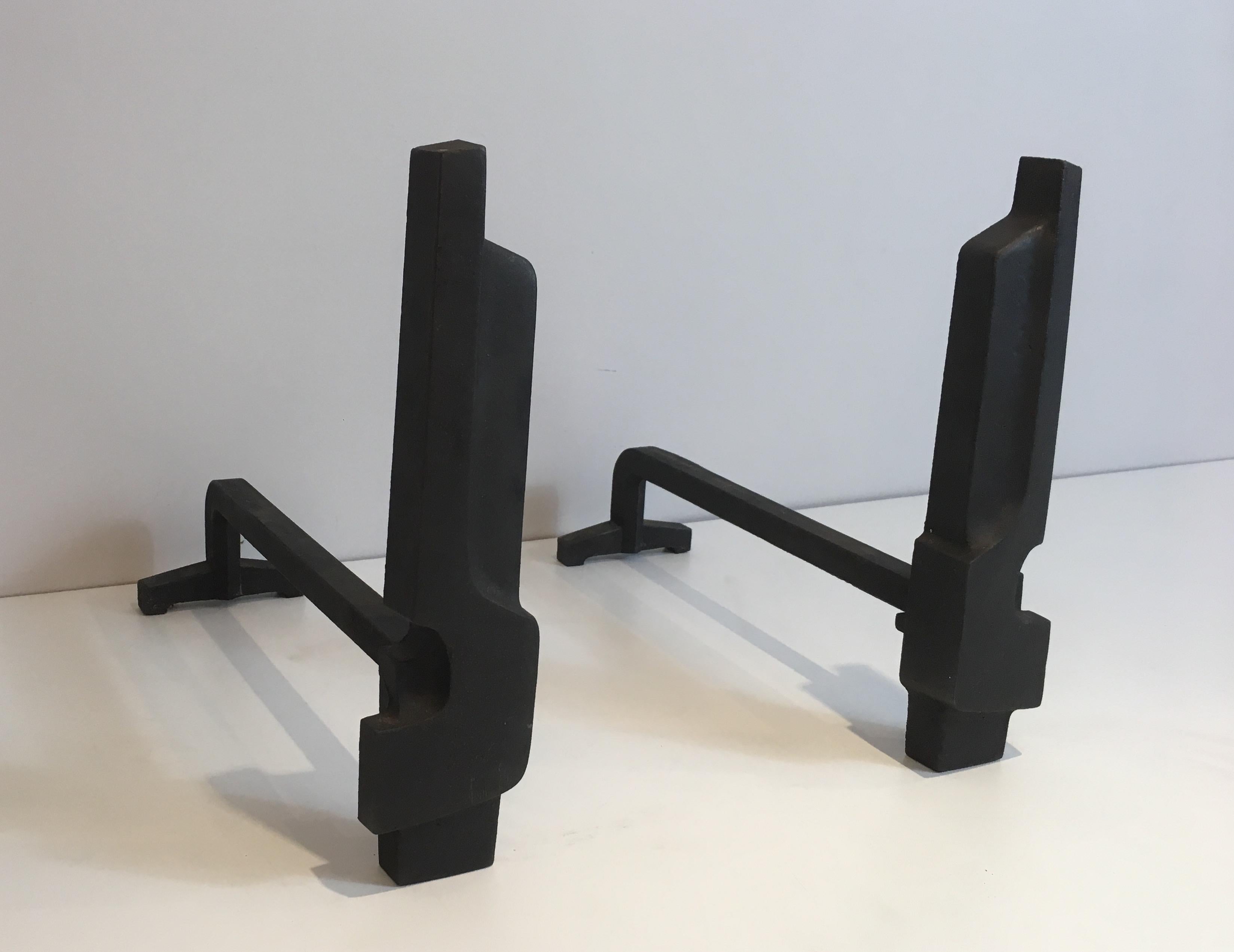 Pair of Modernist Cast Iron Andirons, French Work, circa 1950 7