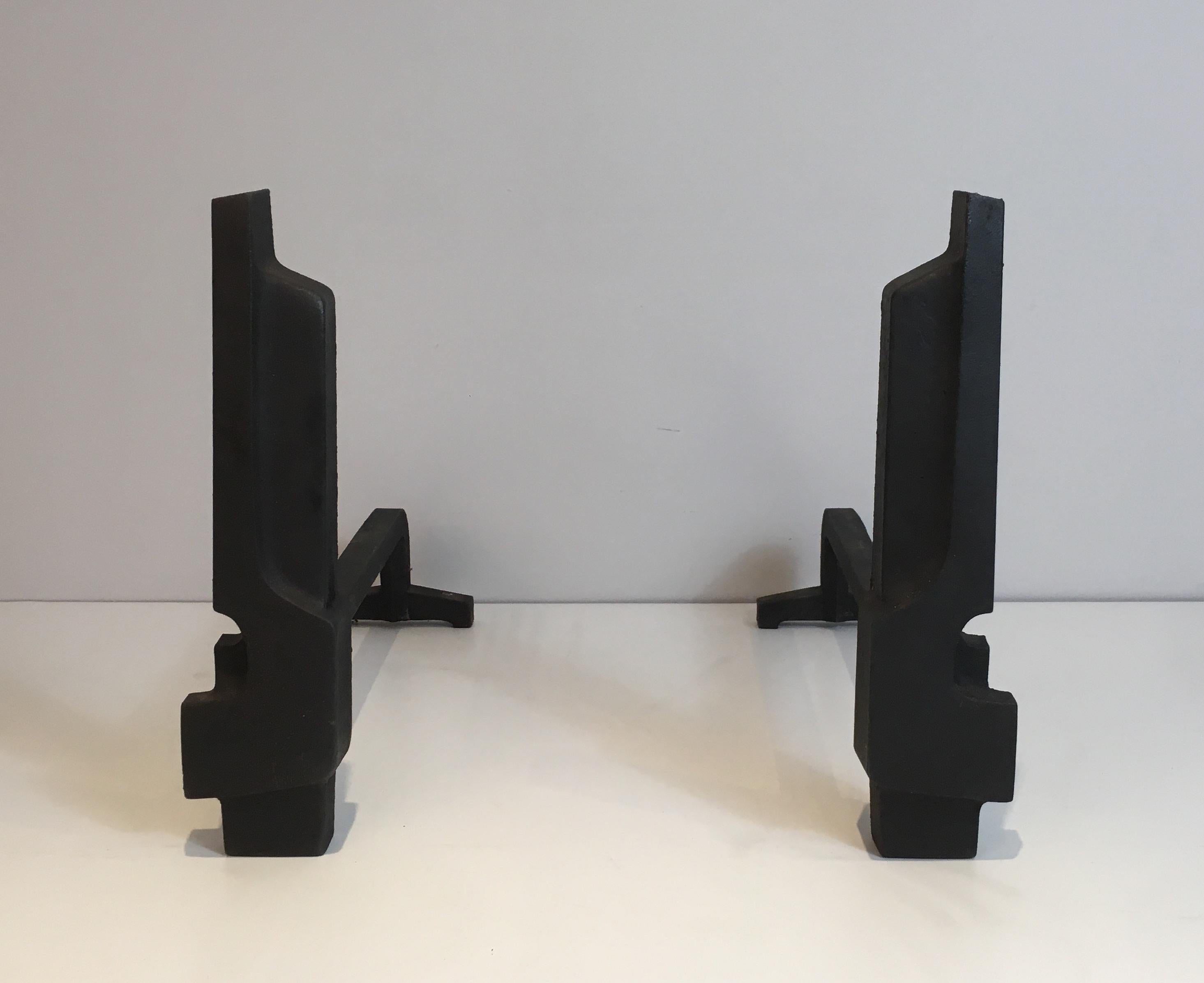 Mid-20th Century Pair of Modernist Cast Iron Andirons, French Work, circa 1950