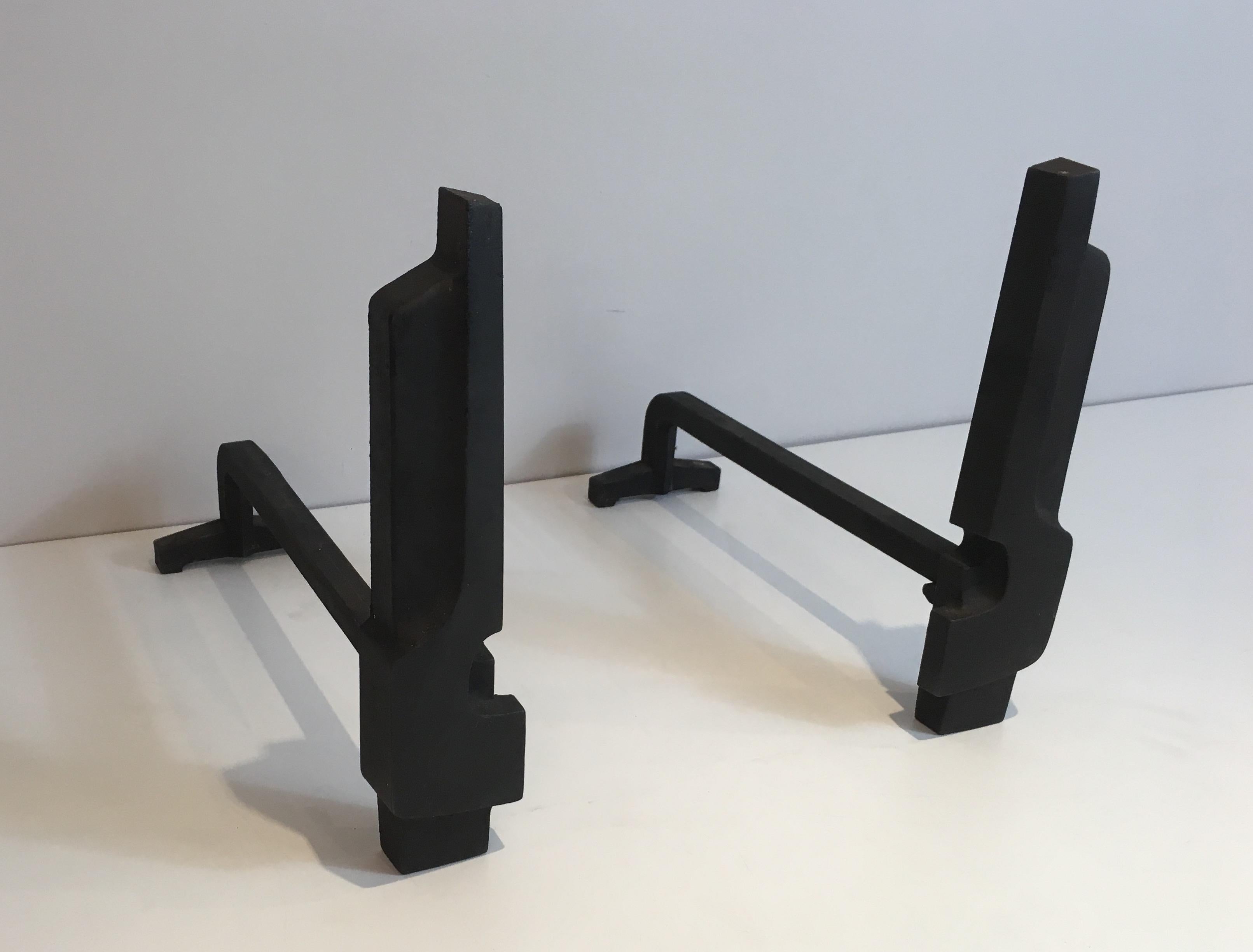 Pair of Modernist Cast Iron Andirons, French Work, circa 1950 4