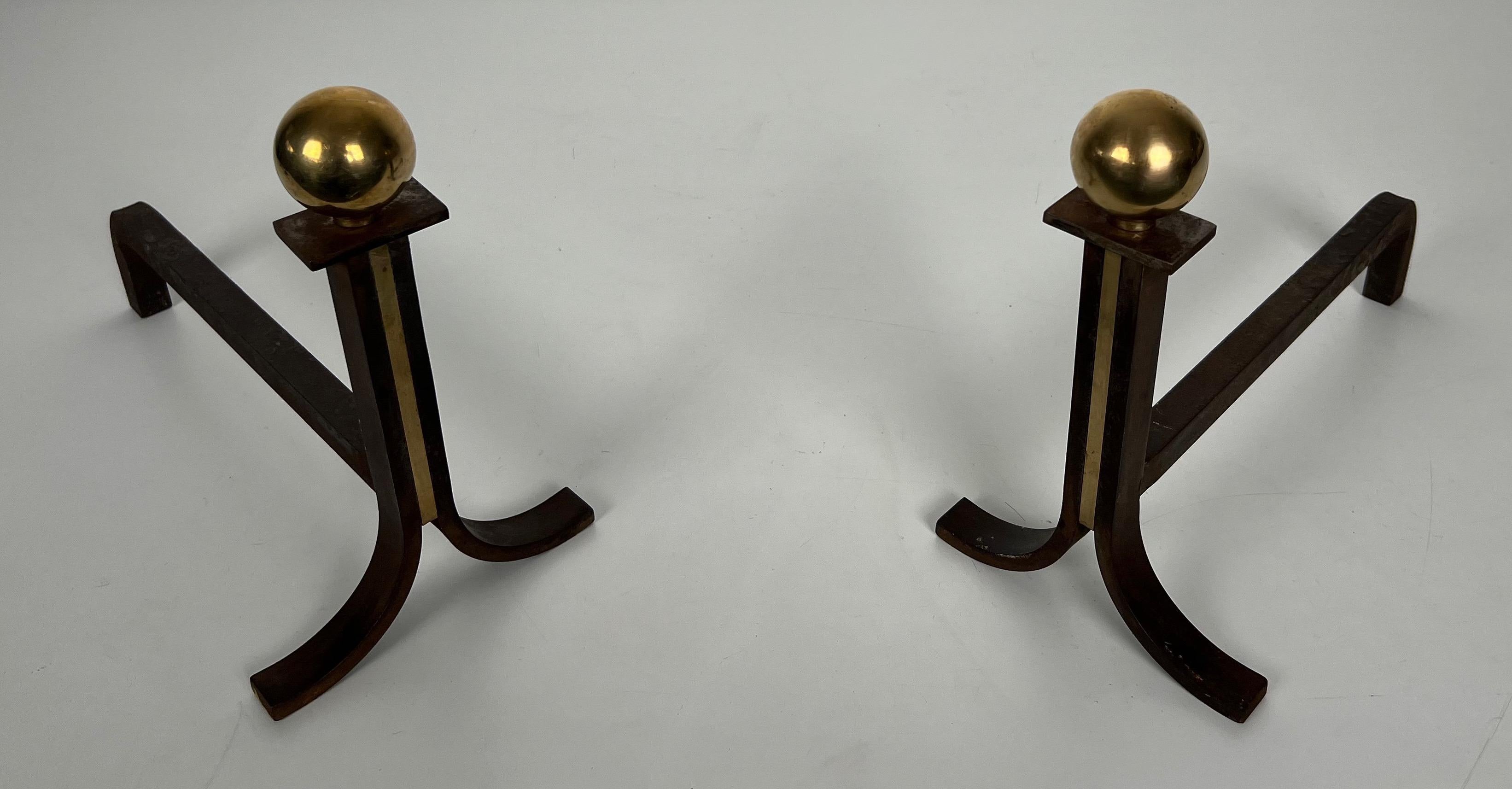 Pair of Modernist Cast Iron, Brass and Wrought Iron Andirons For Sale 5