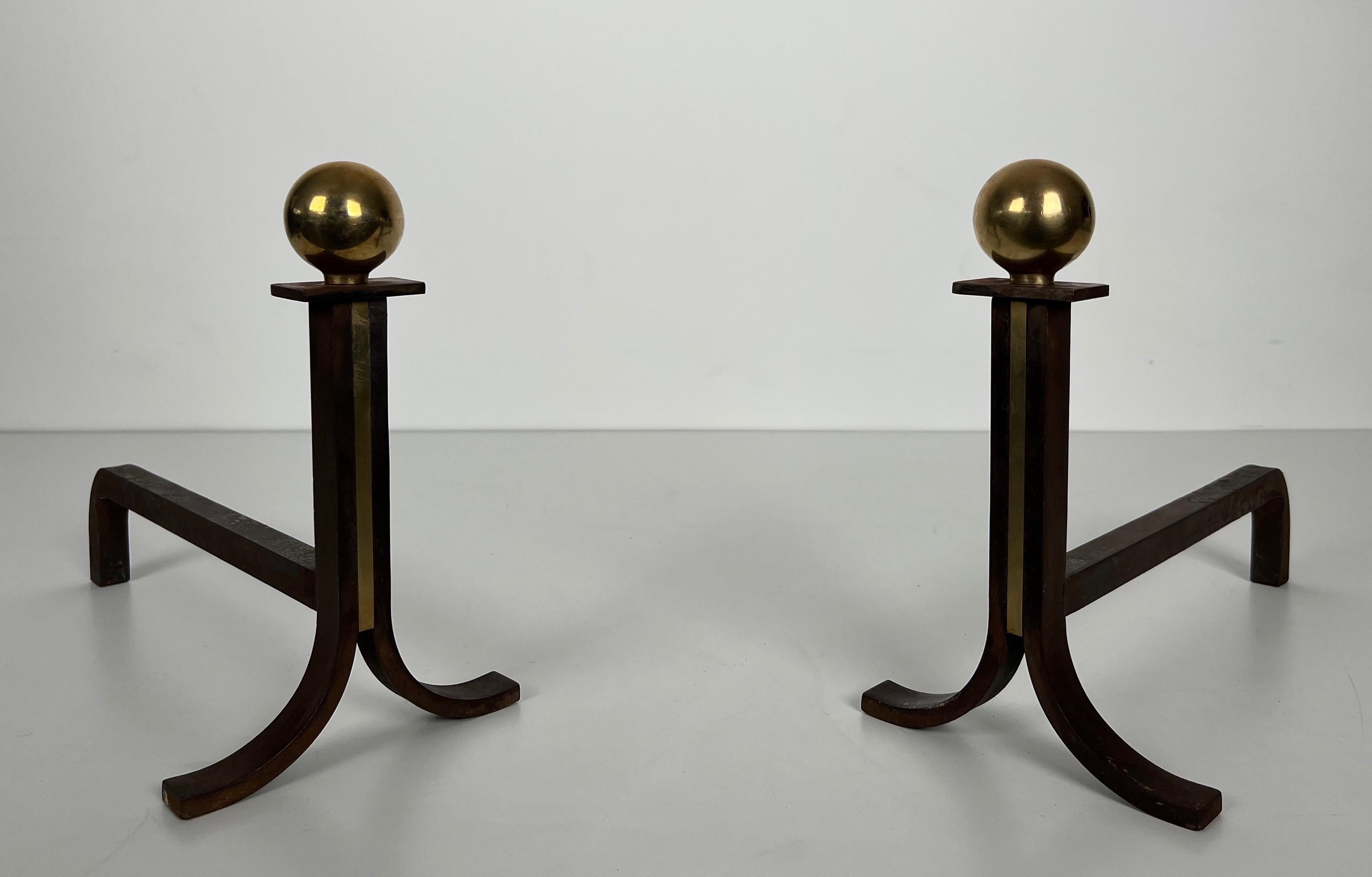 Pair of Modernist Cast Iron, Brass and Wrought Iron Andirons For Sale 6