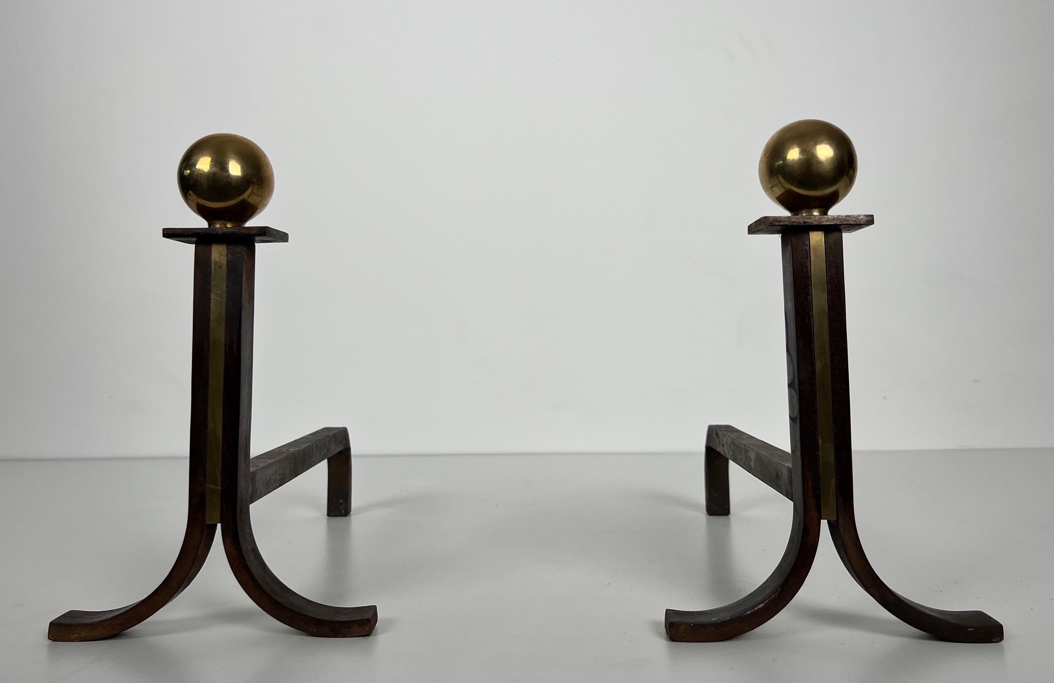 Mid-Century Modern Pair of Modernist Cast Iron, Brass and Wrought Iron Andirons For Sale
