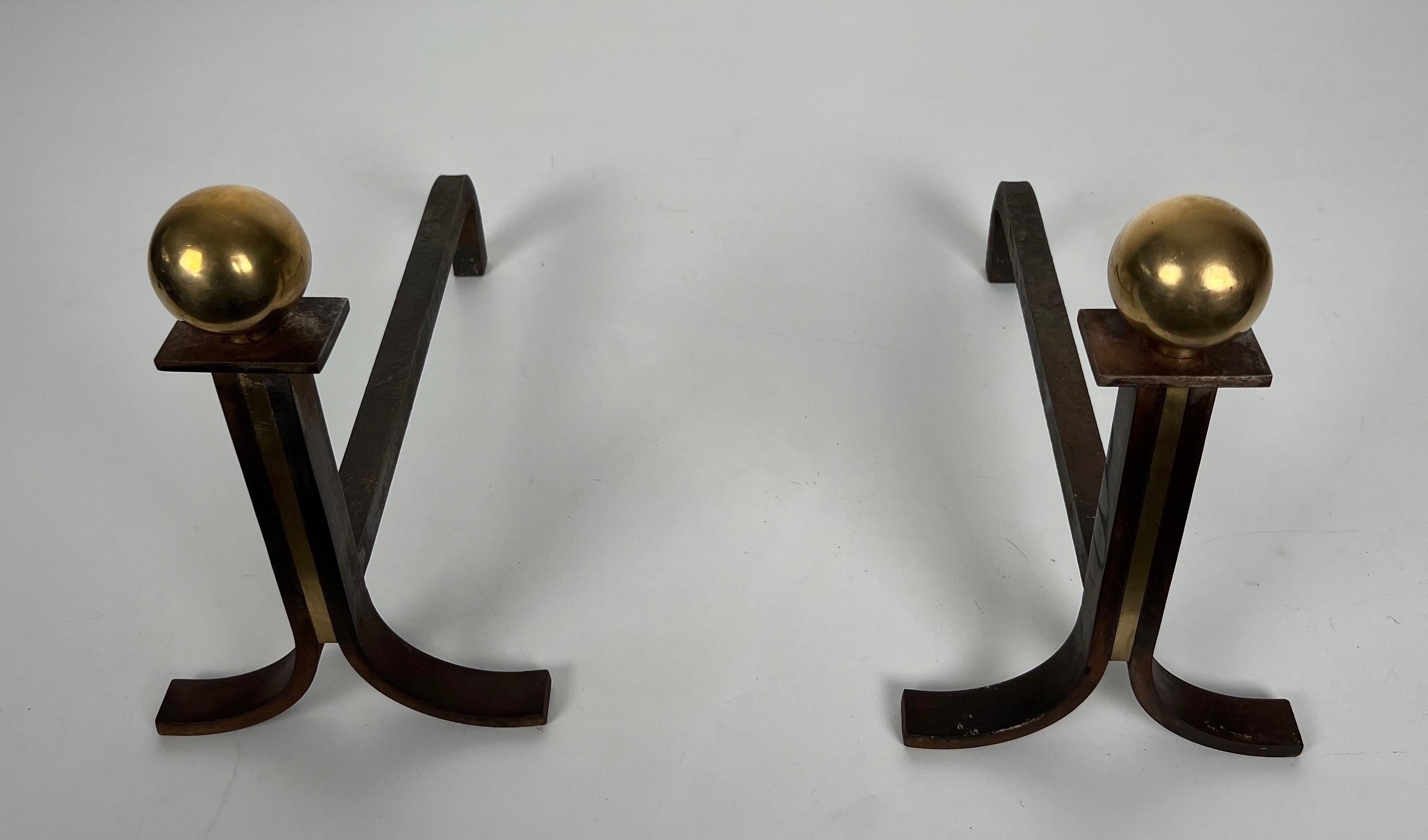 French Pair of Modernist Cast Iron, Brass and Wrought Iron Andirons For Sale
